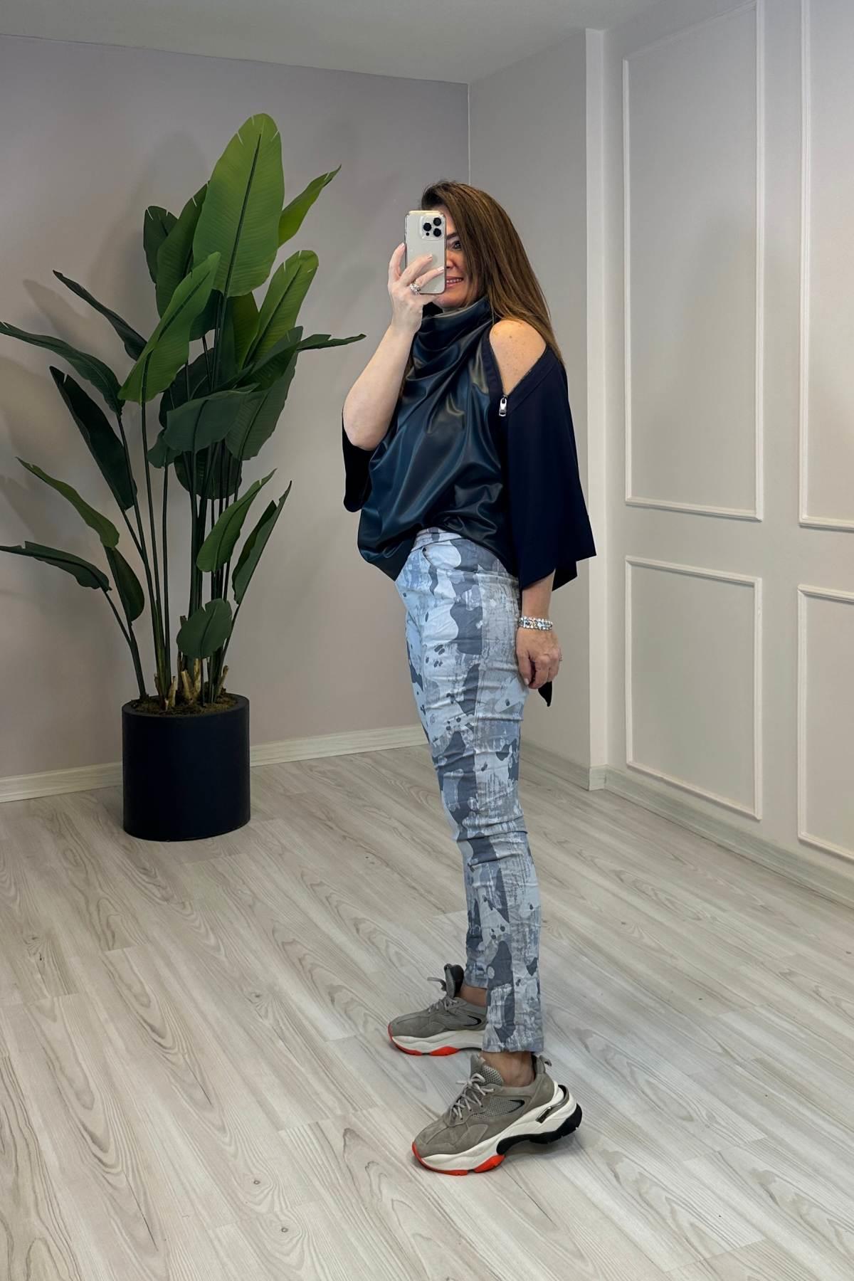 Desenli Full Likralı Pantolon Mavi