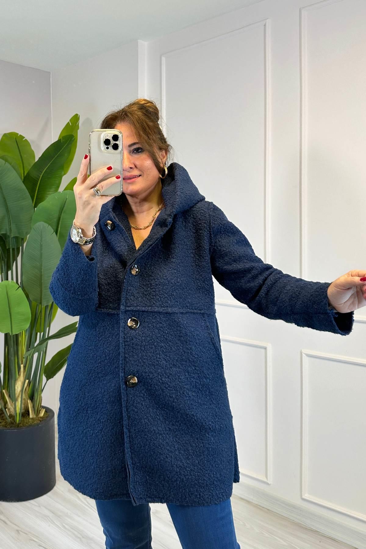 Dikiş Detaylı Kapüşonlu Buklet Lacivert 23128