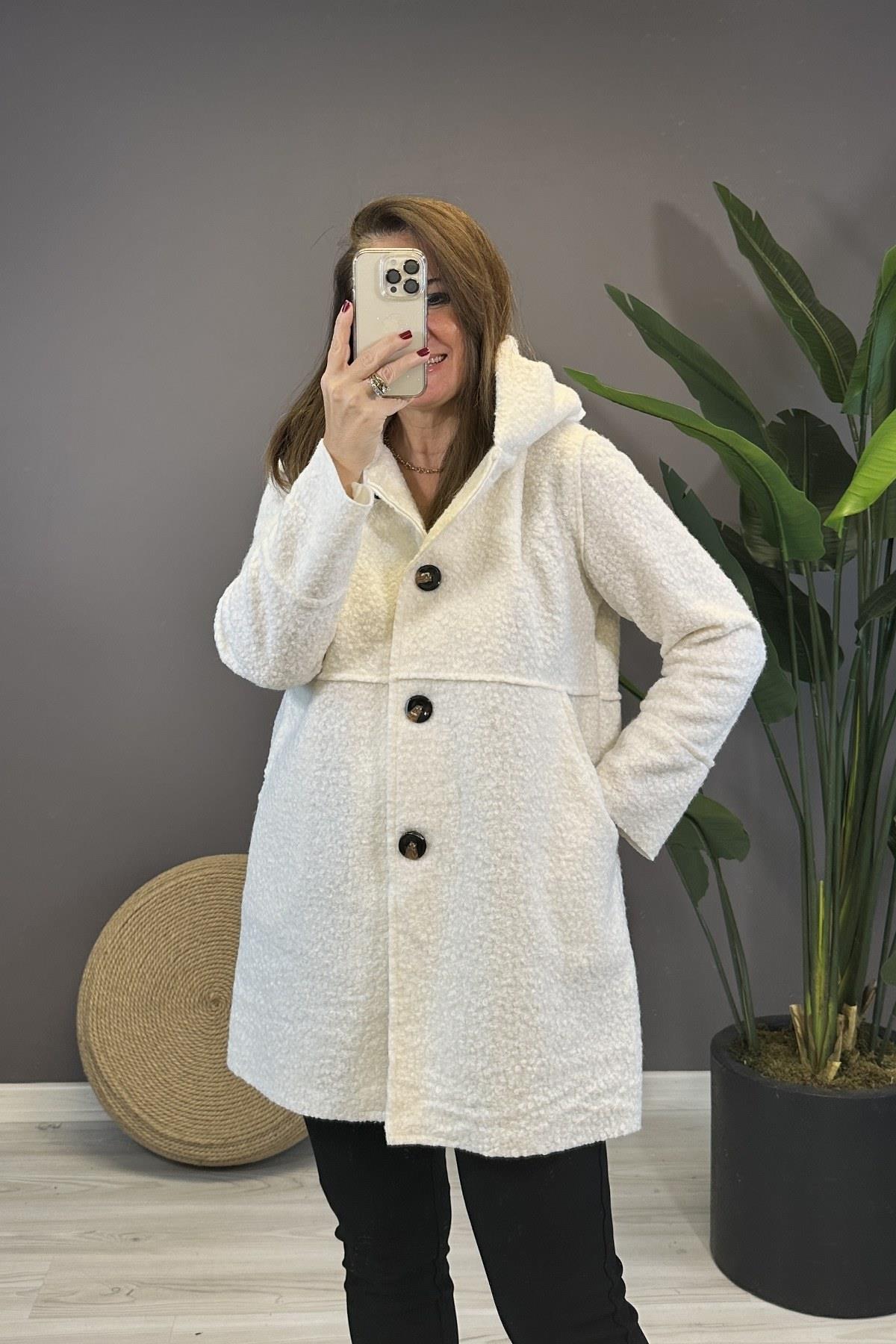 Dikiş Detaylı Kapüşonlu Buklet Mont Beyaz 23128