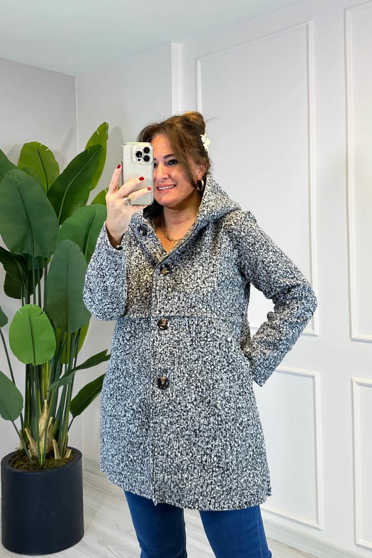 Dikiş Detaylı Kapüşonlu Buklet Mont Gri 23128