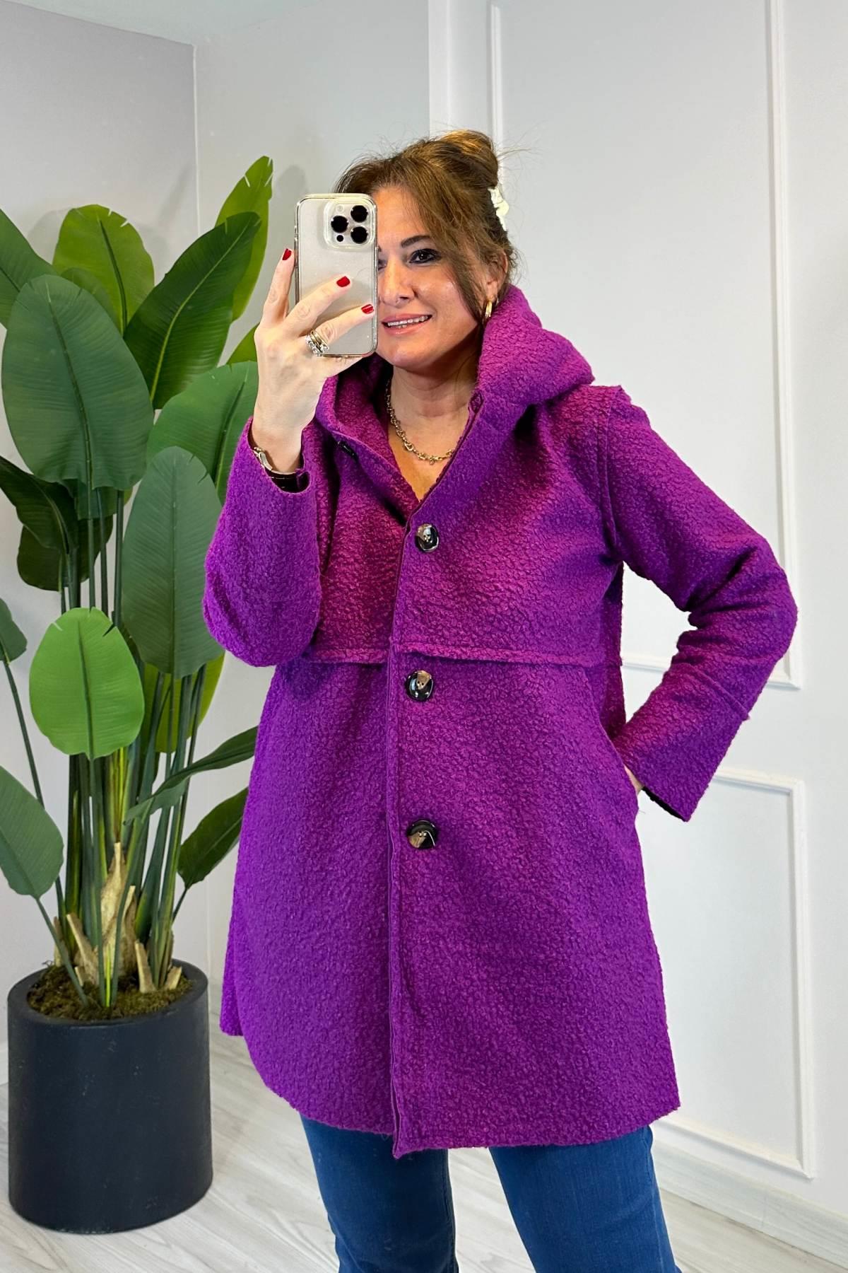 Dikiş Detaylı Kapüşonlu Buklet Mont Mürdüm 23128