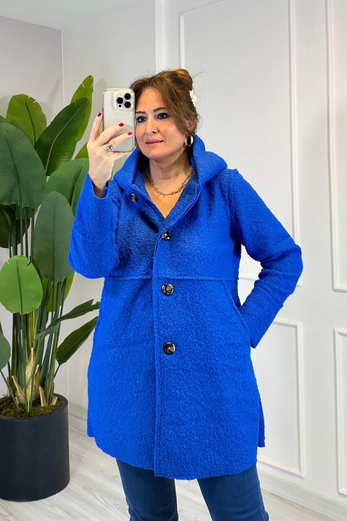 Dikiş Detaylı Kapüşonlu Buklet Mont Saks Mavi 23128