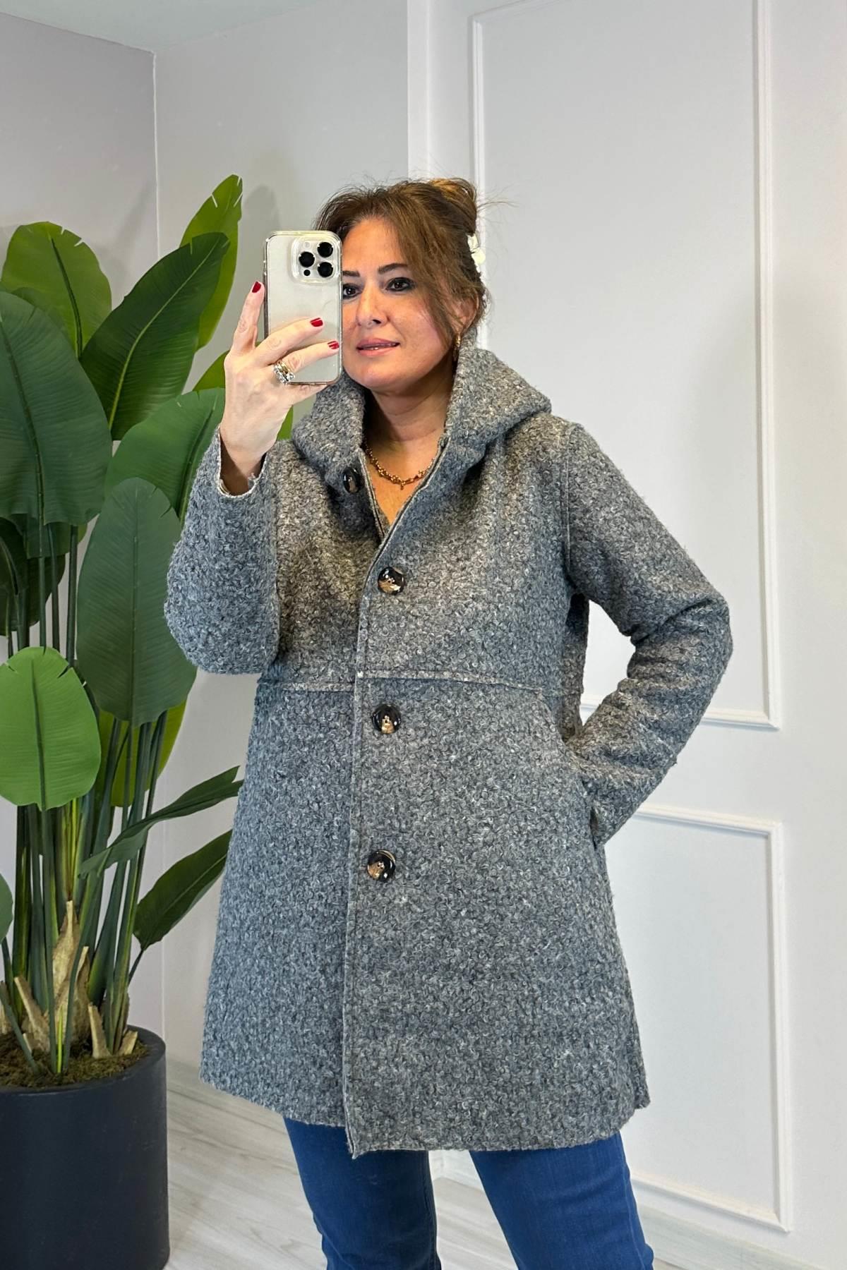 Dikiş Detaylı Kapüşonlu Buklet Mont Siyah 23128