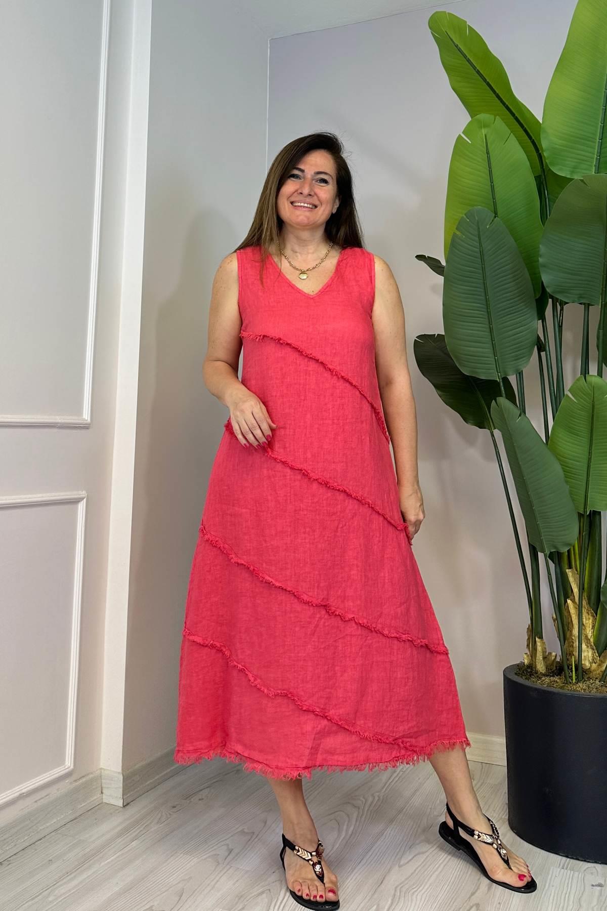Dikiş Detaylı Uzun Elbise Pembe