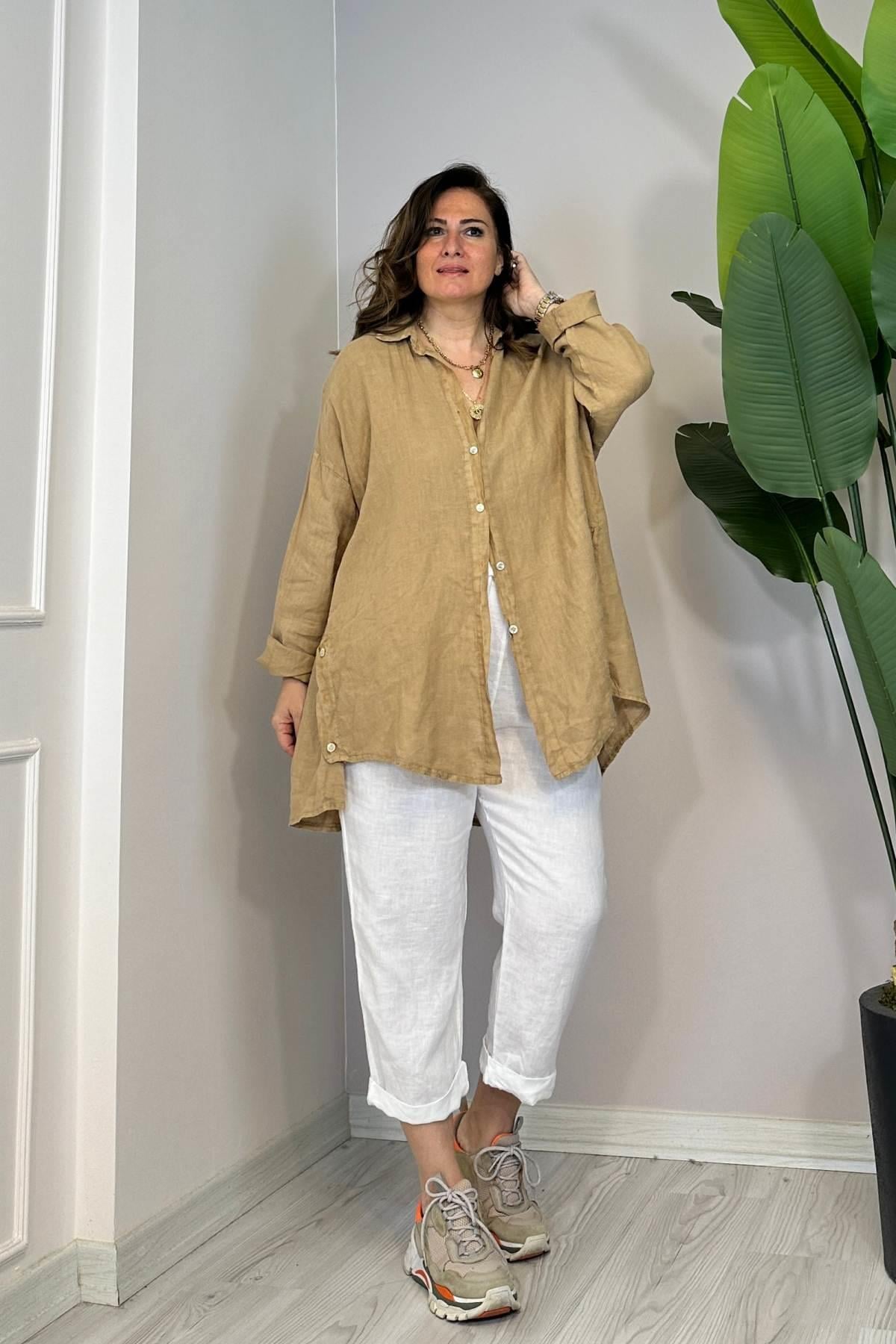 Düğme Detaylı Oversize Keten Gömlek Sütlü Kahve