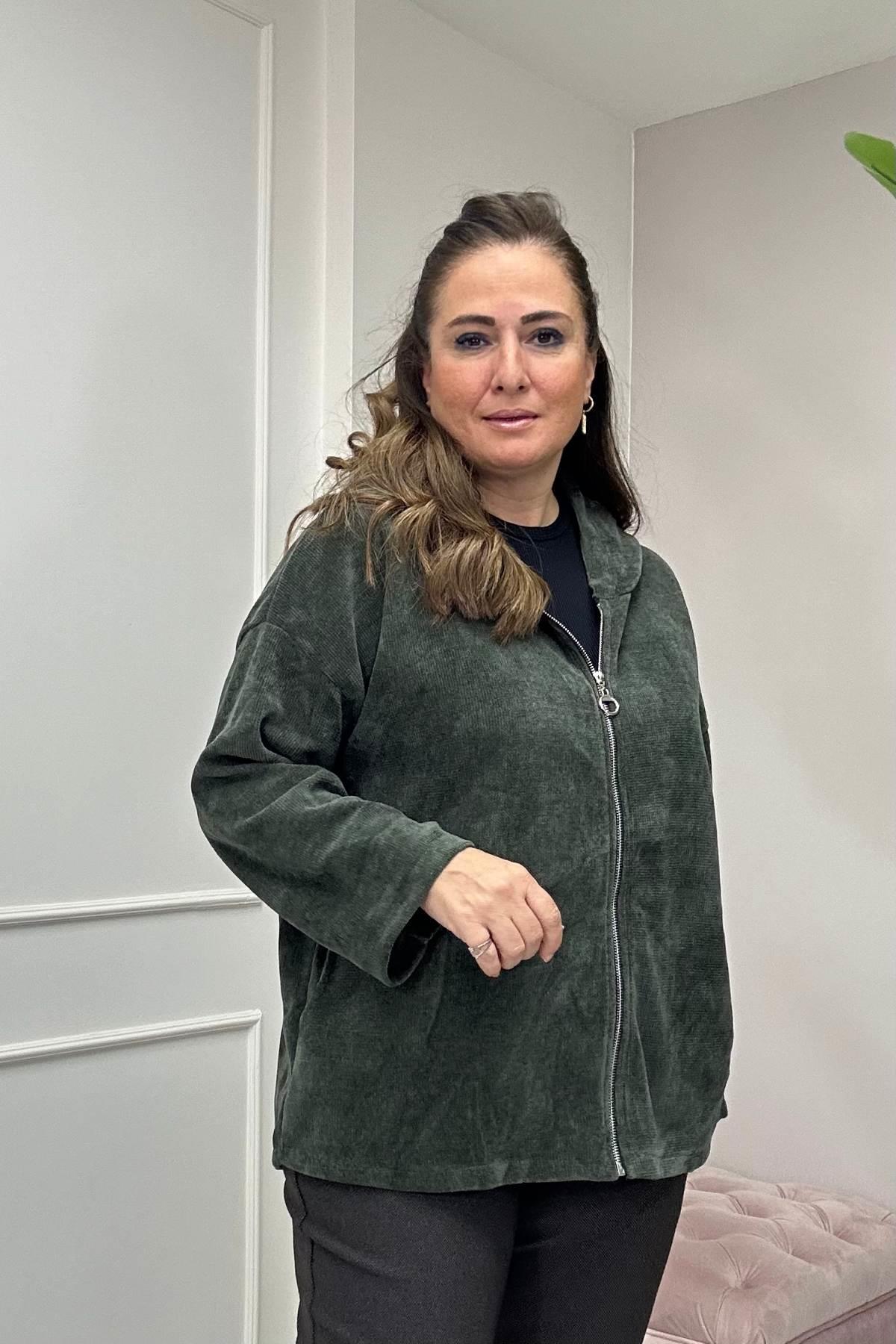 Düz Desen Kadife Şapkalı Ceket-Haki