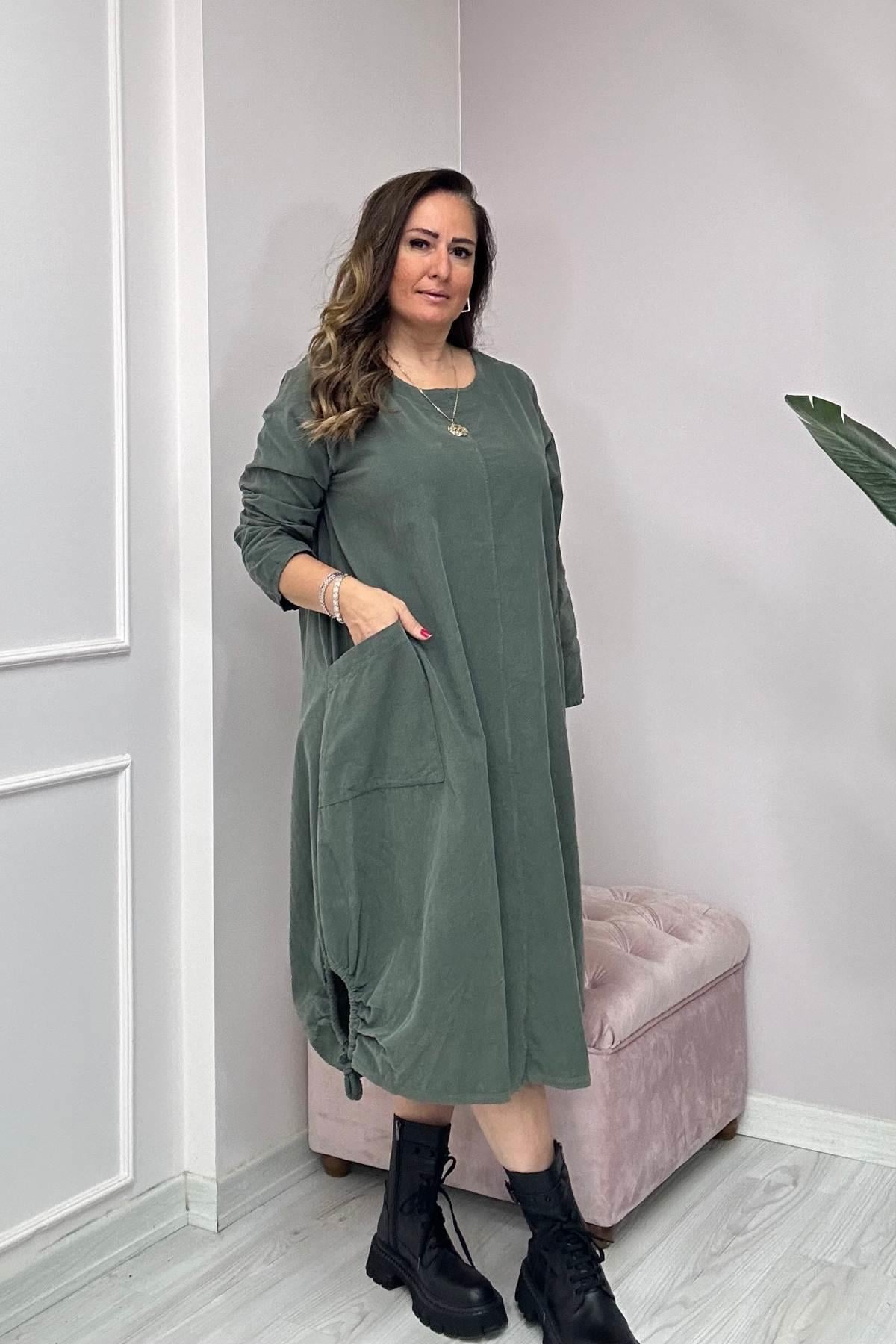 Düz Desen Kadife Ucu İp Detaylı Elbise-24586-Haki