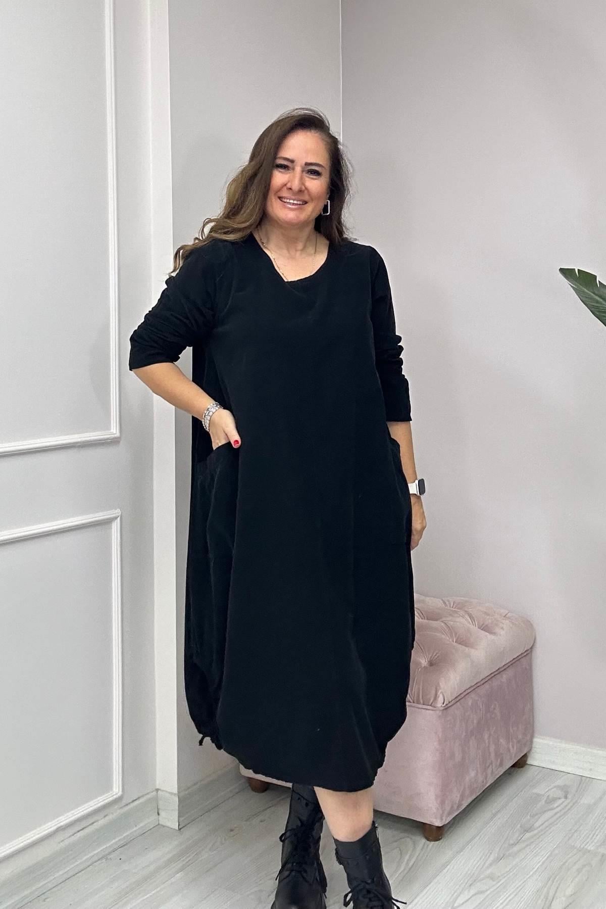 Düz Desen Kadife Ucu İp Detaylı Elbise-24586-Siyah