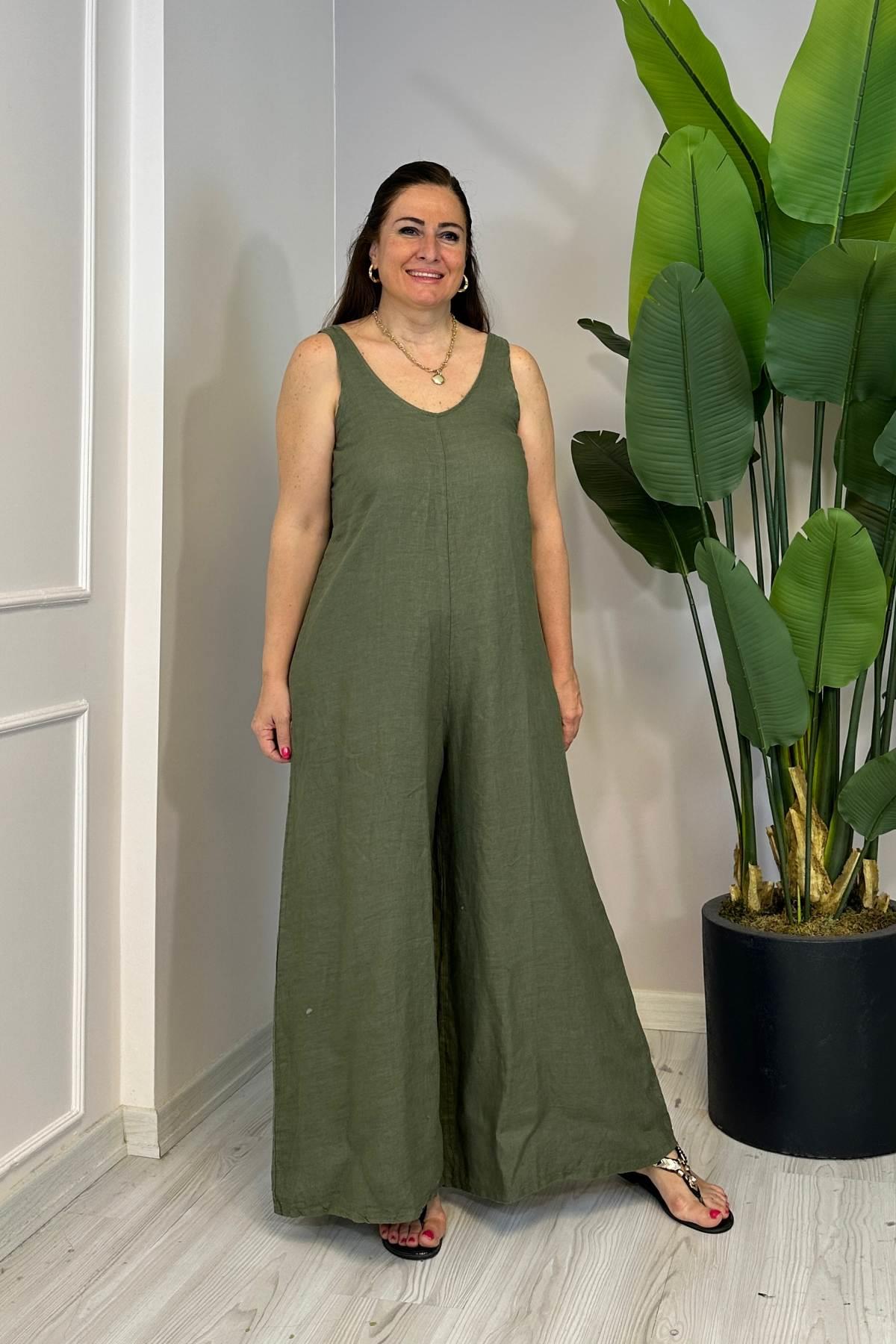 Düz Renk Bol Paça Keten Tulum Yeşil