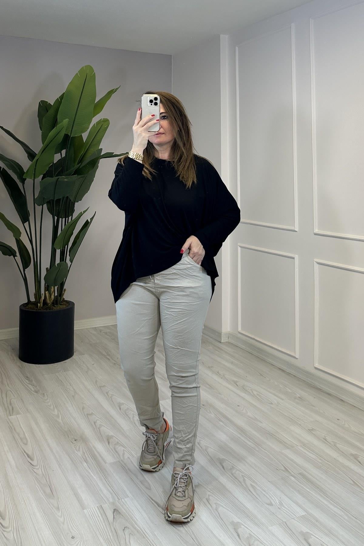 Düz Renk Full Likralı Rahat Kalıp İthal Pantalon Bej