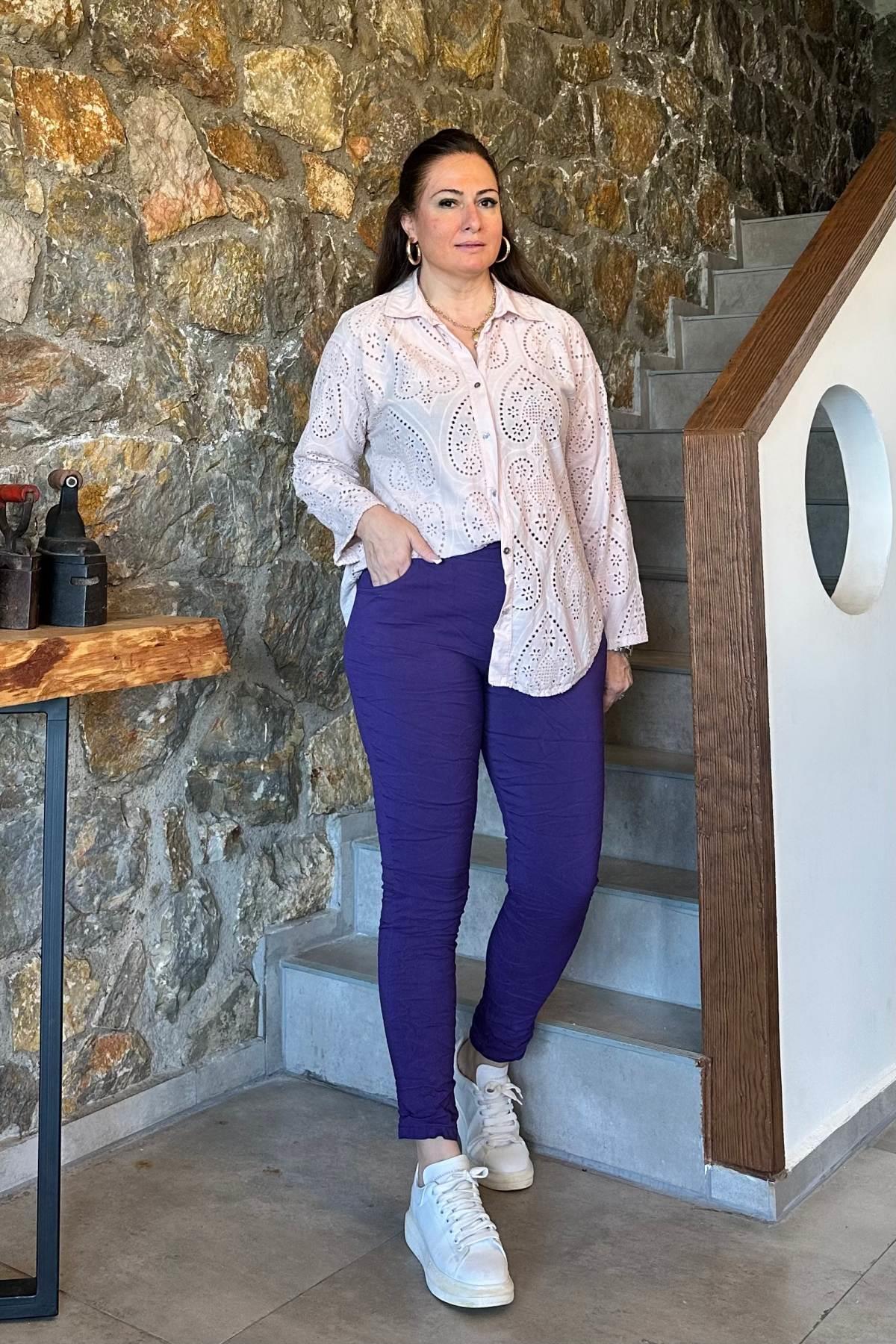Düz Renk Full Likralı Rahat Kalıp İthal Pantalon Mor