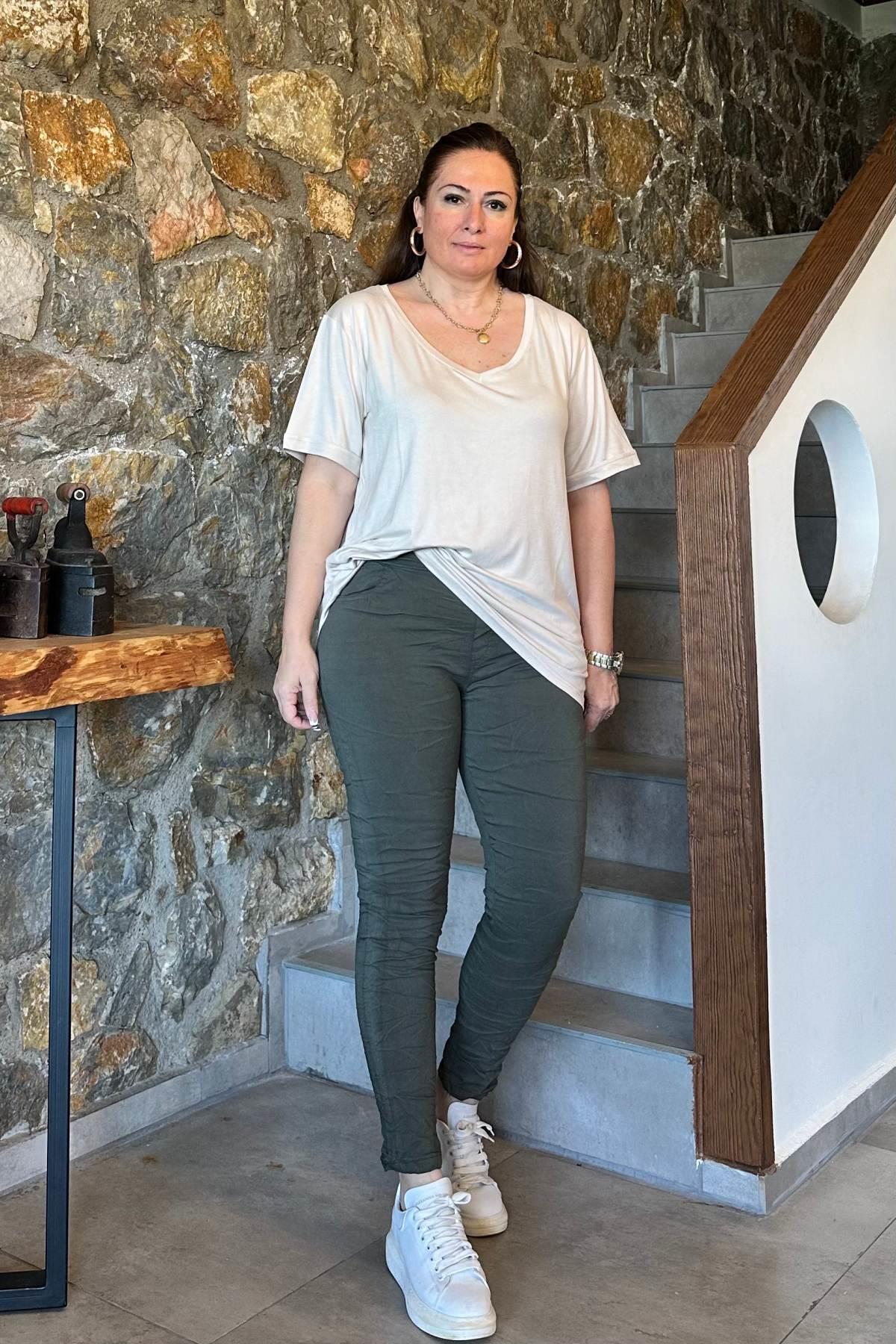 Düz Renk Full Likralı Rahat Kalıp İthal Pantalon Yeşil