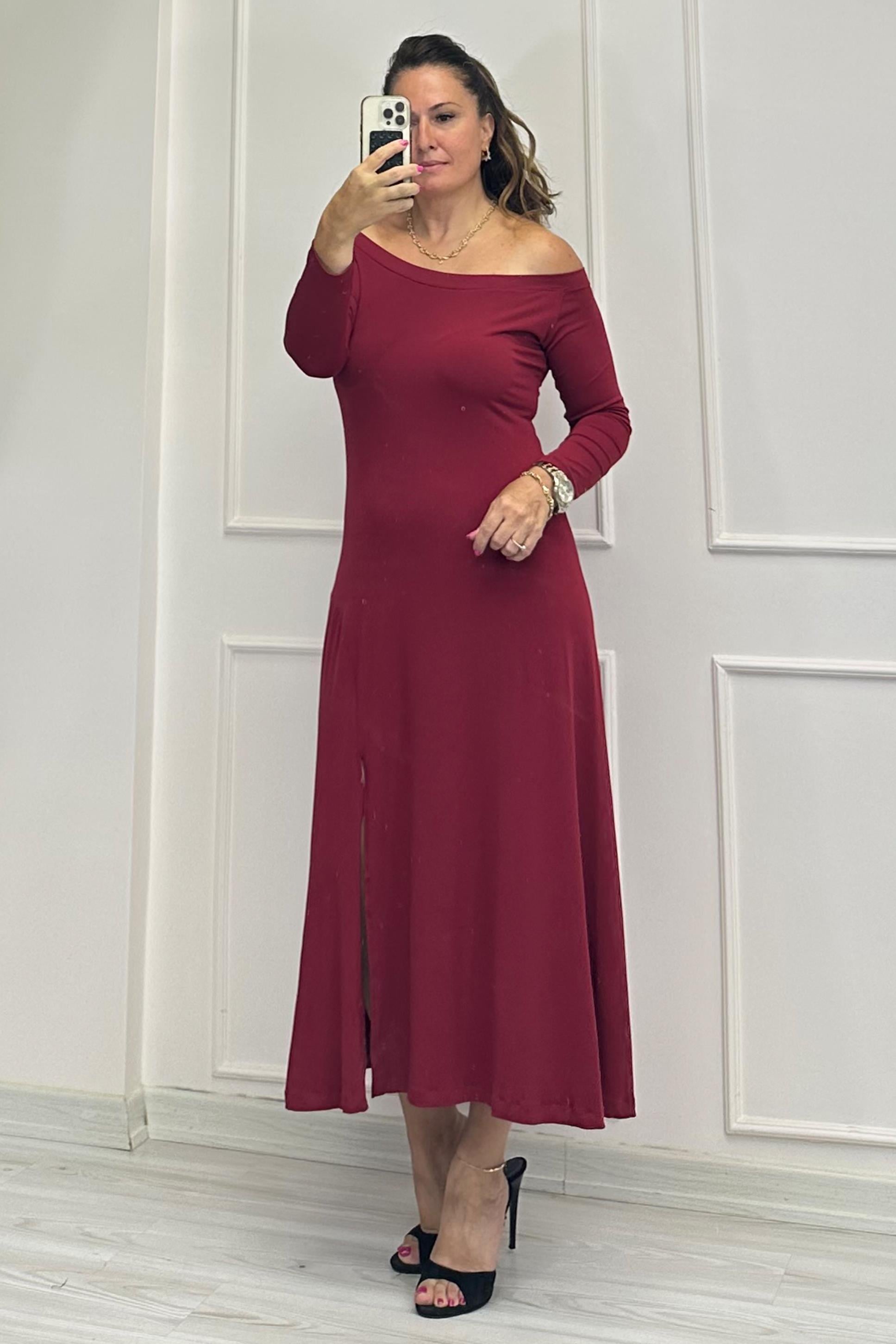 İsalina Tek Yırtmaçlı Elbise Bordo