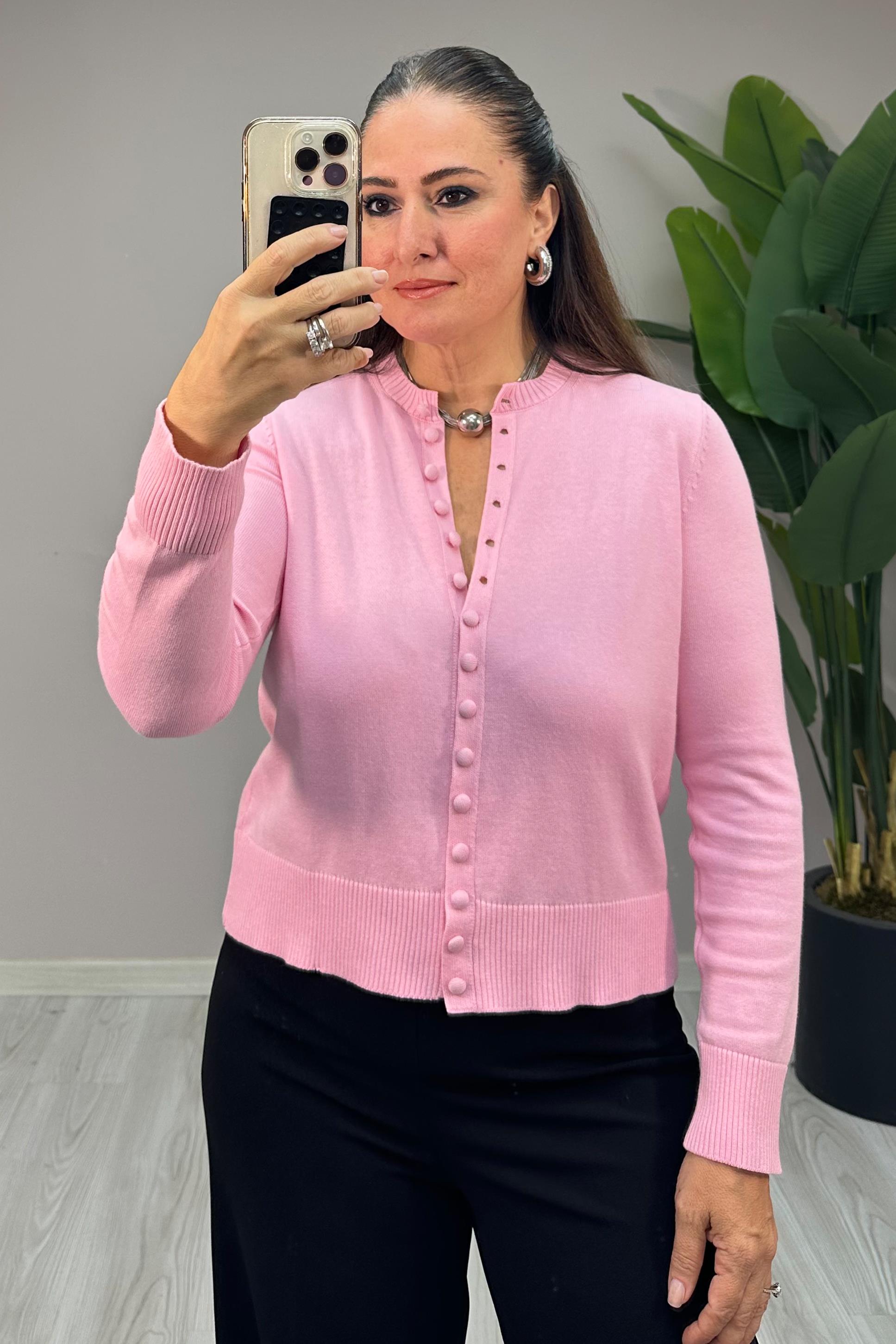 Pesta Düğmeli Triko Bluz Pembe