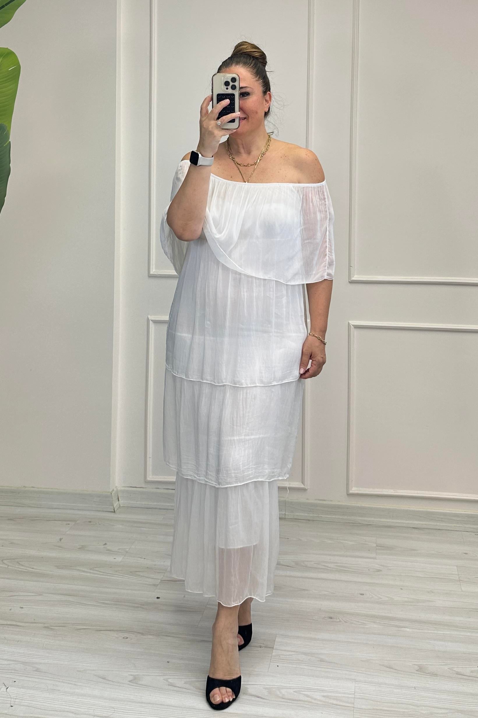 Diane Madonna Yaka İpek Elbise Beyaz