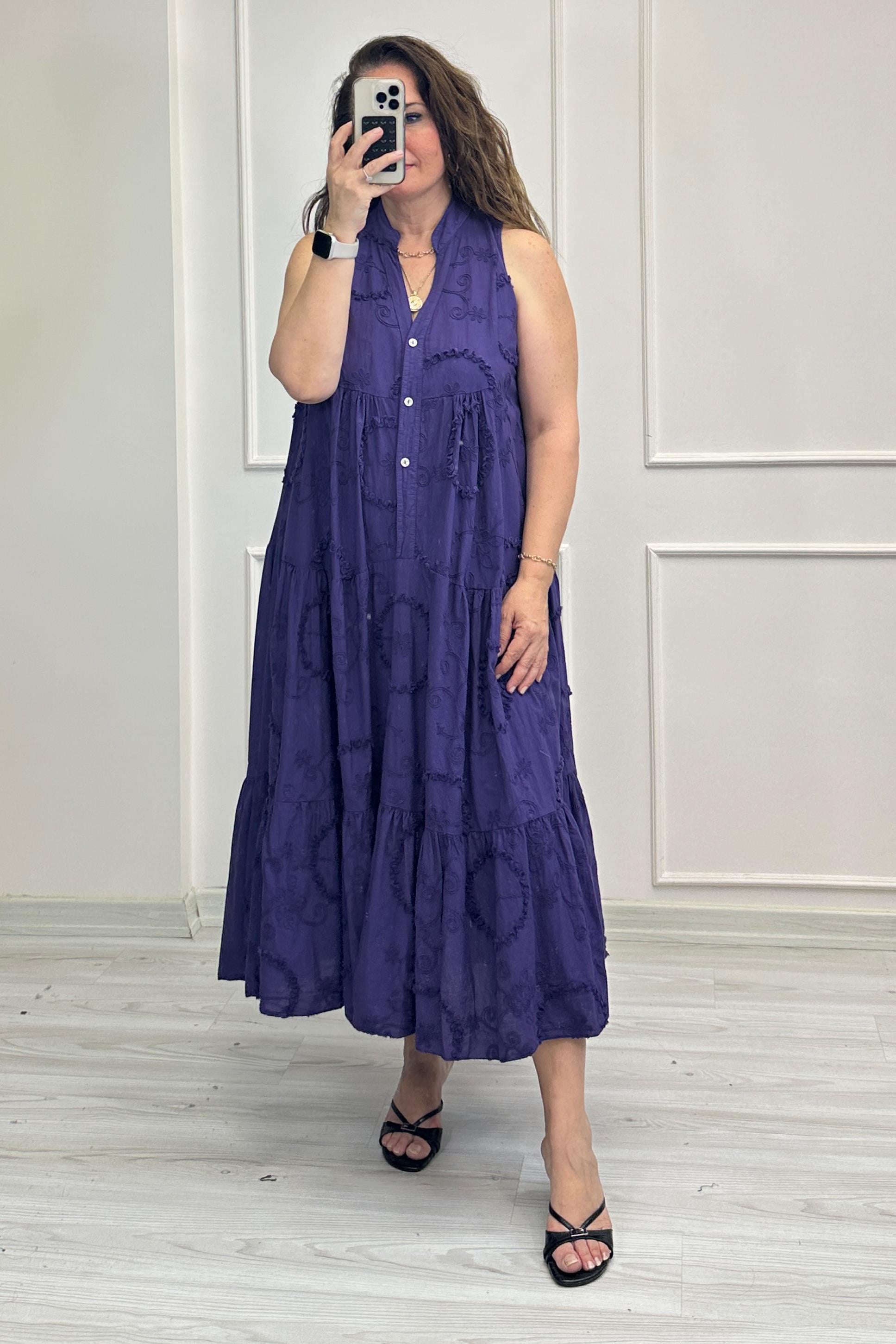 Violet Nakışlı Elbise Mor