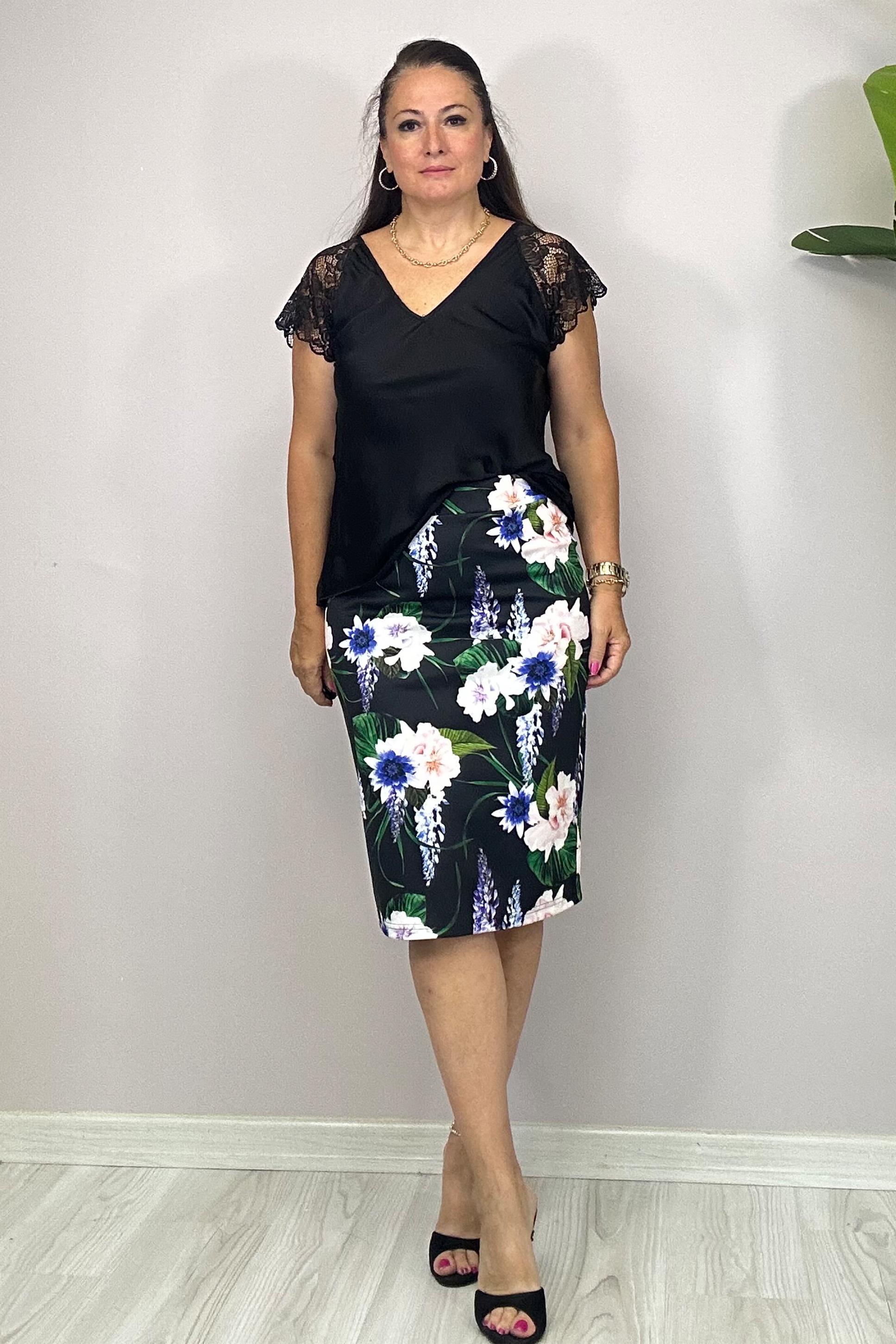 Ruva Çiçek Desenli Etek Siyah