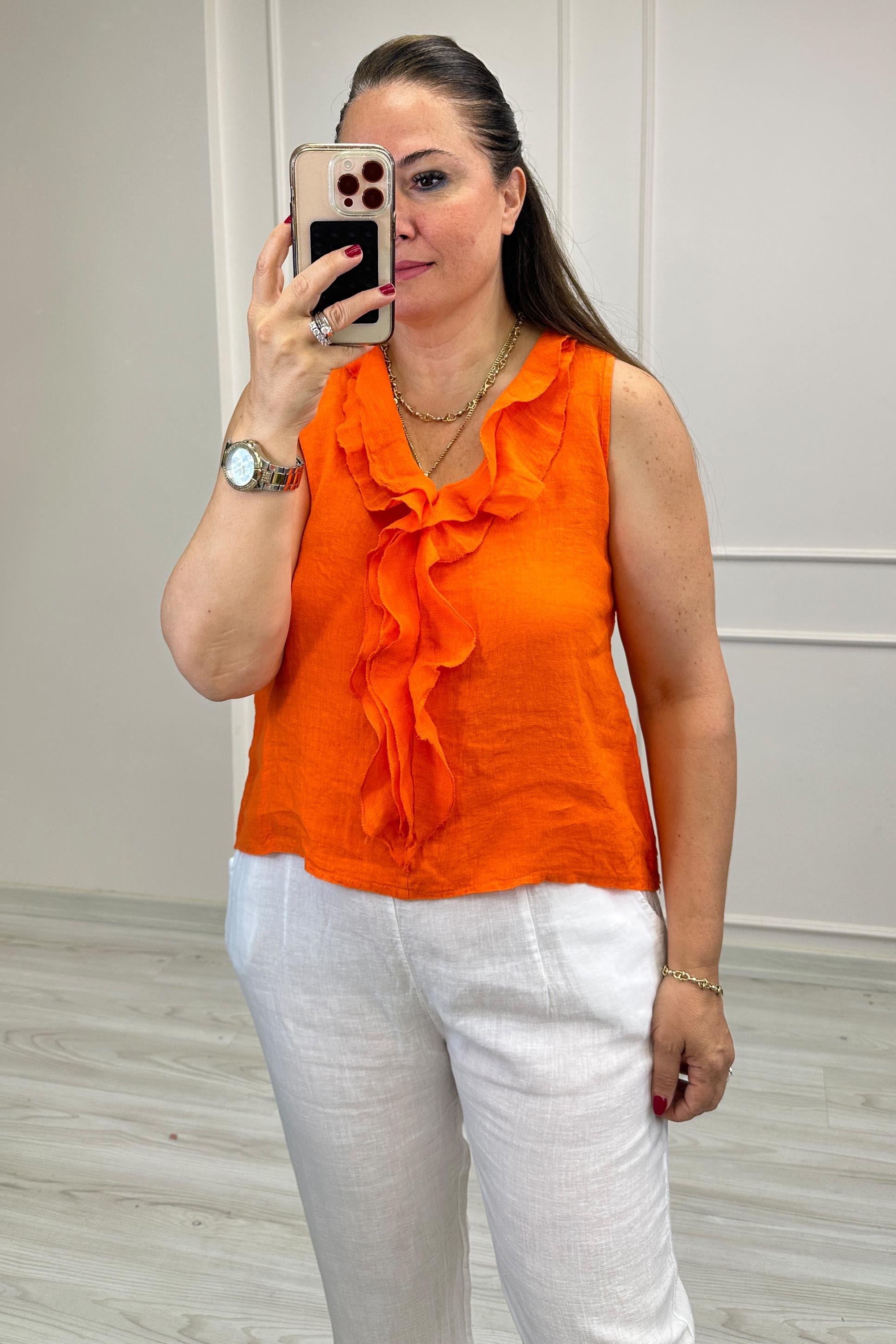 Samantha Fırfır Keten Bluz Turuncu