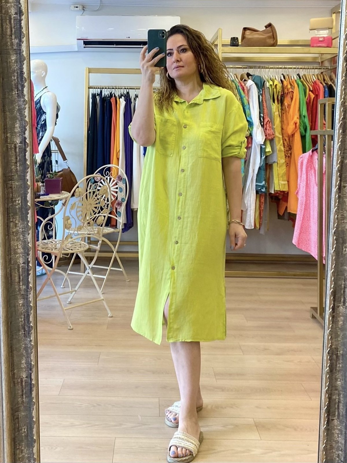 Erkek Yaka Keten Elbise Neon Yeşil