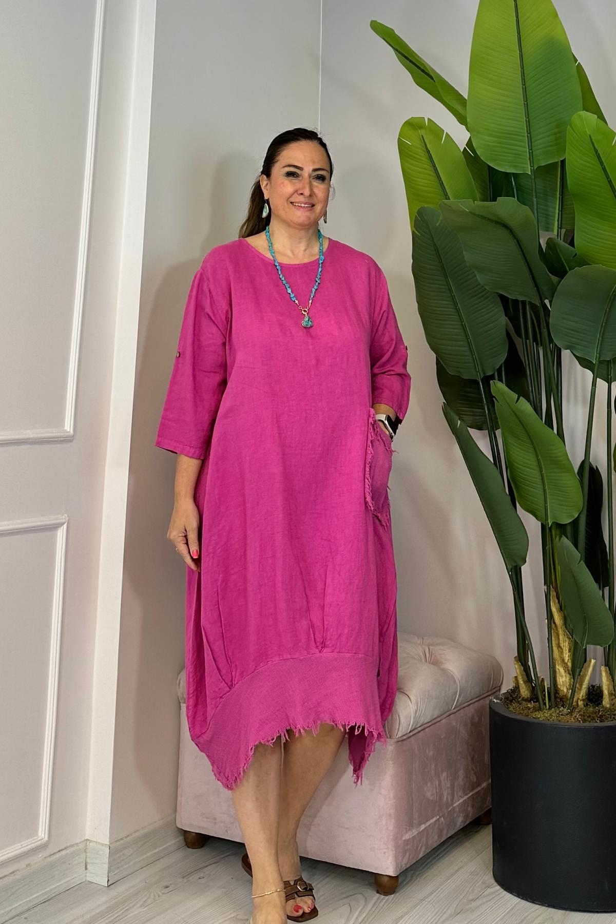 Etek Ucu İplik Detaylı Cepli Keten Elbise Pembe