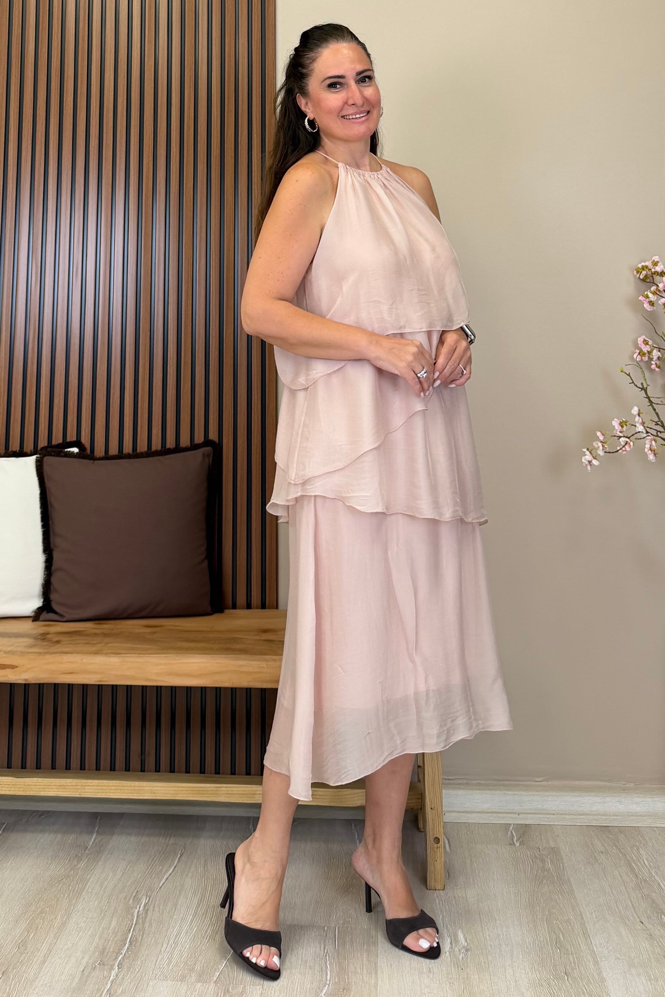 Alina Katlı İpek Elbise Pembe