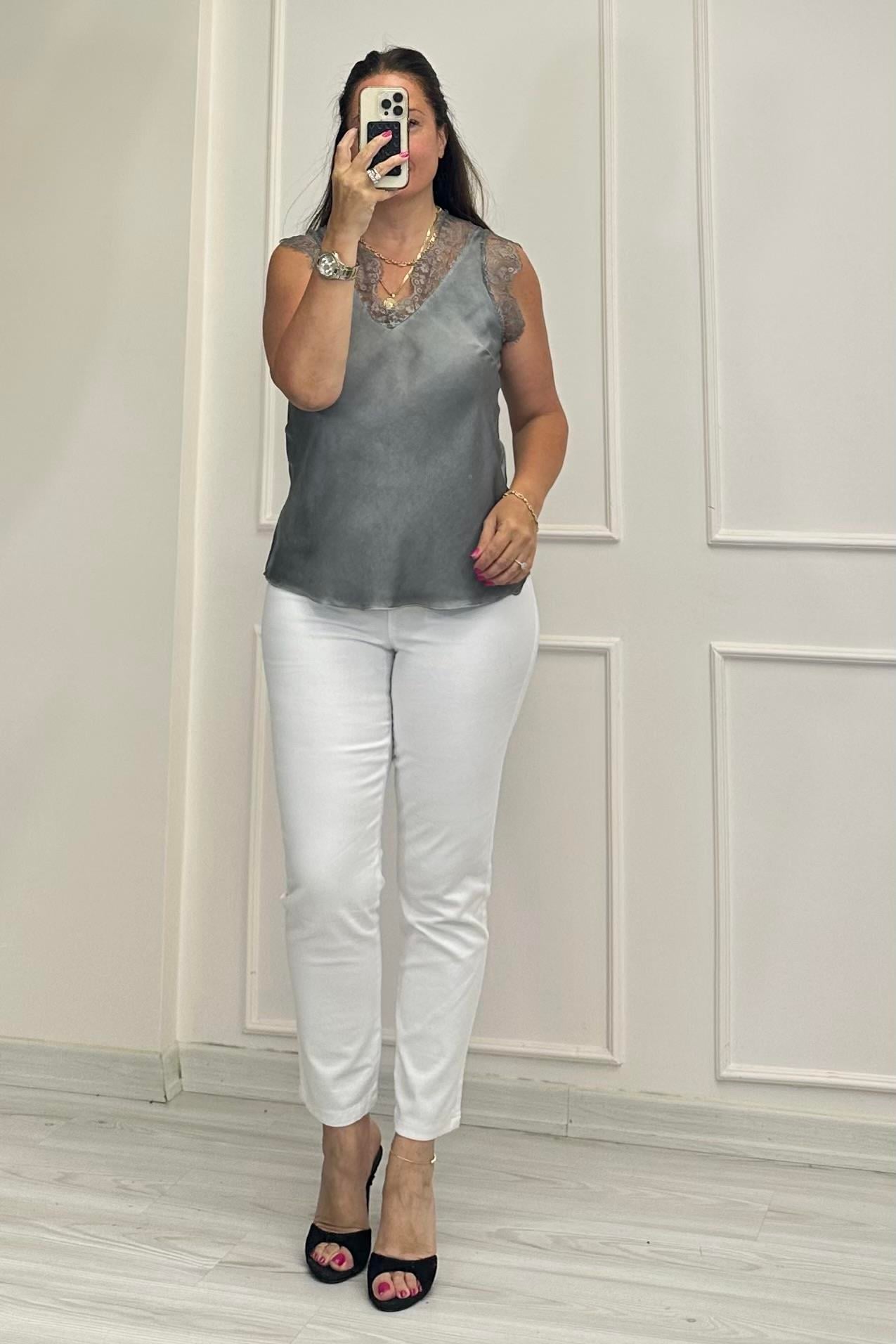 Georgina V Yaka Saten Bluz Gri