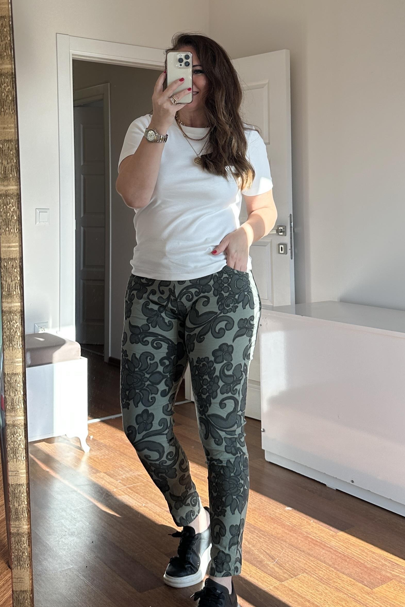 Full Likralı Desenli  İtalyan Pantalon Yeşil