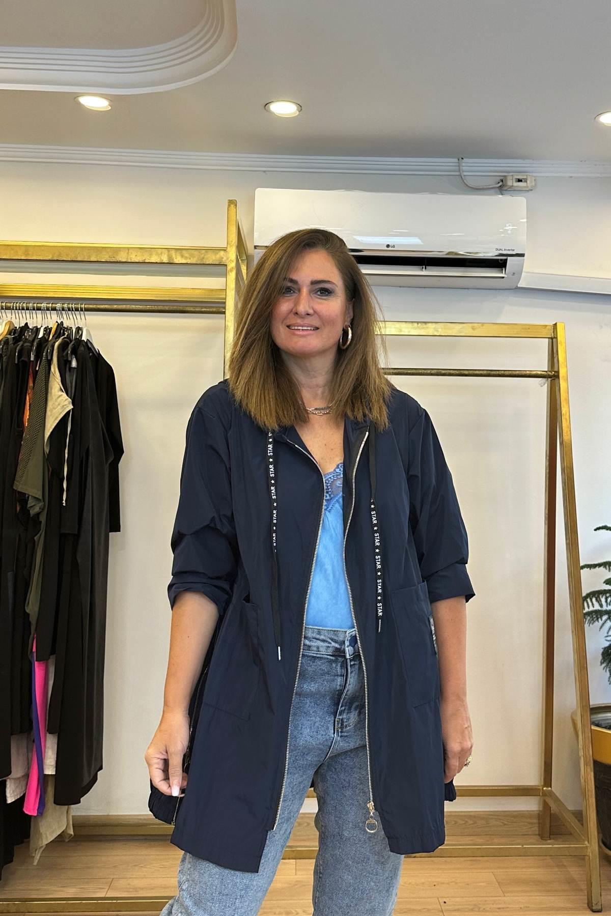 Fermuar Detaylı Kapşonlu Trençkot Lacivert