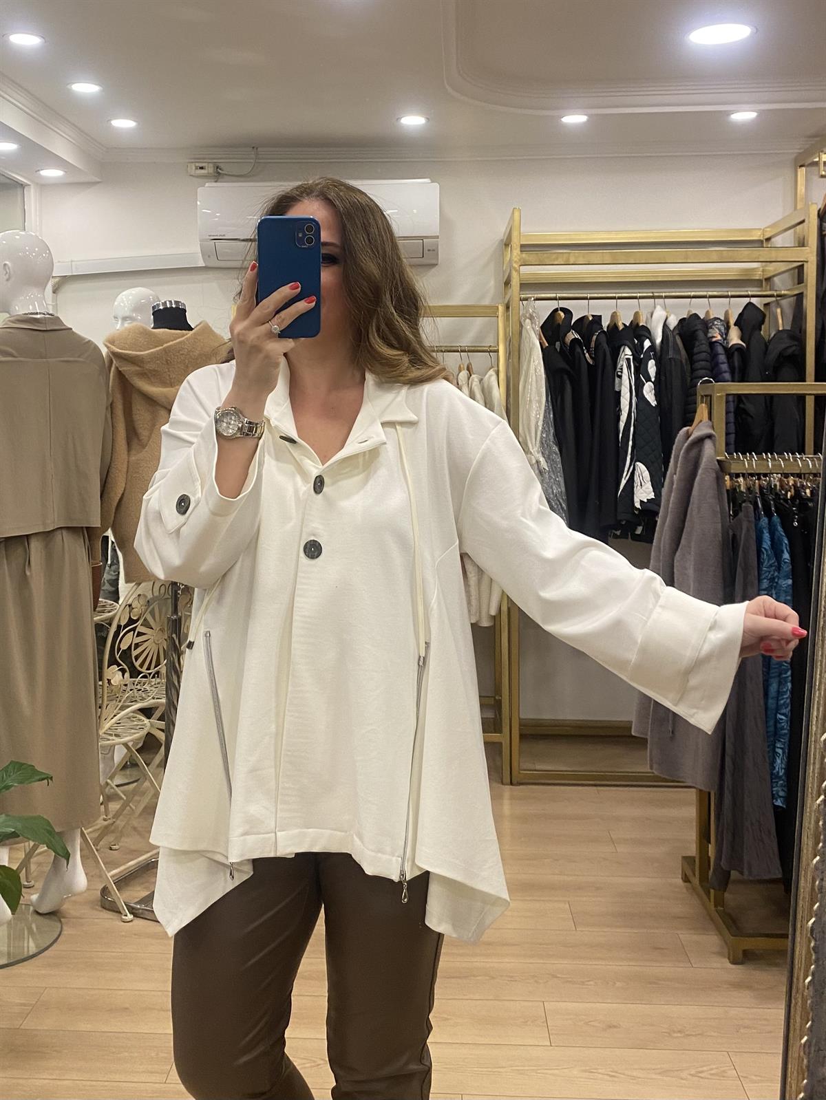 Fermuar Detaylı Kapüşonlu Çelik Örme Ceket Krem 