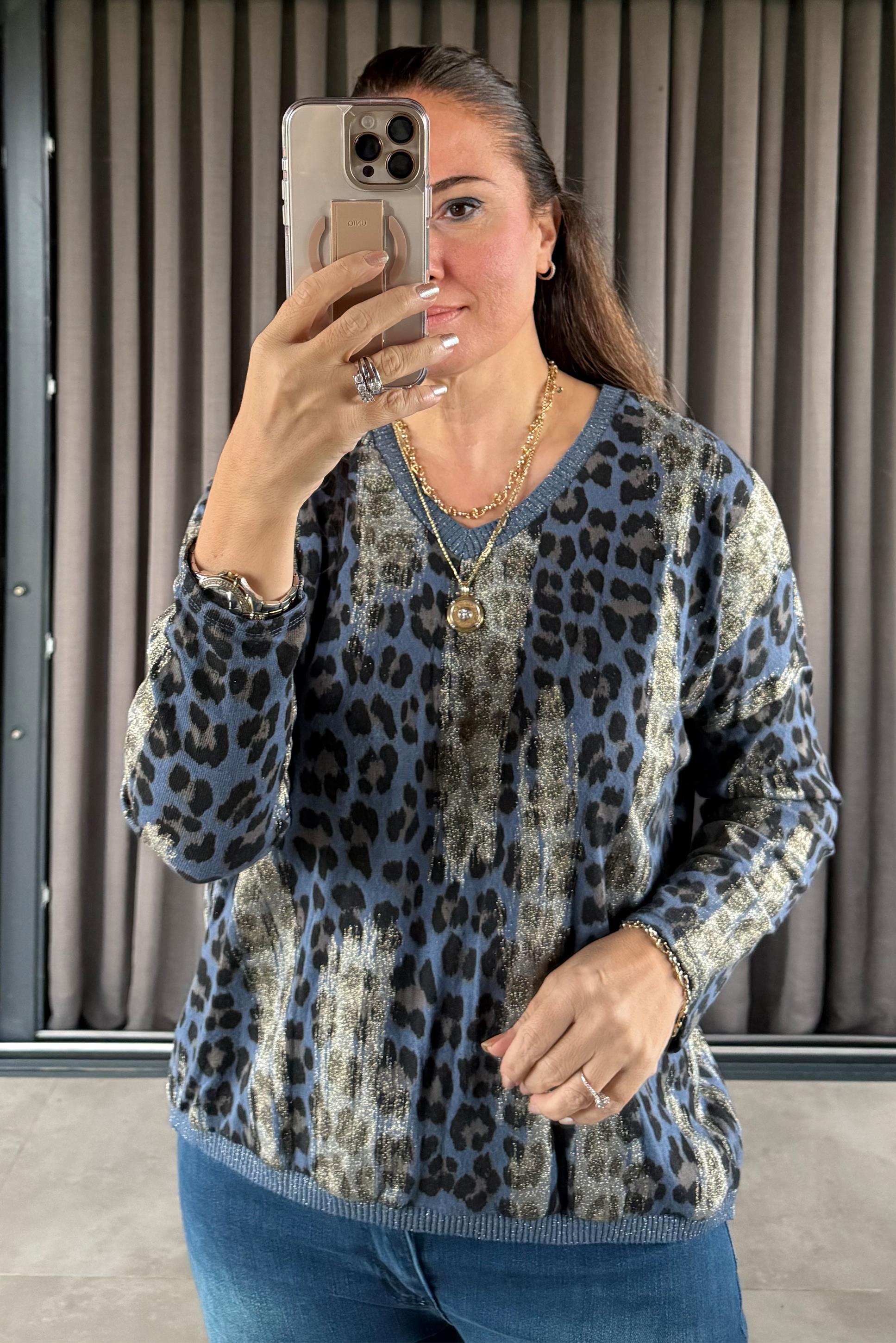 Fiera Leopar Desenli Triko Bluz Mavi