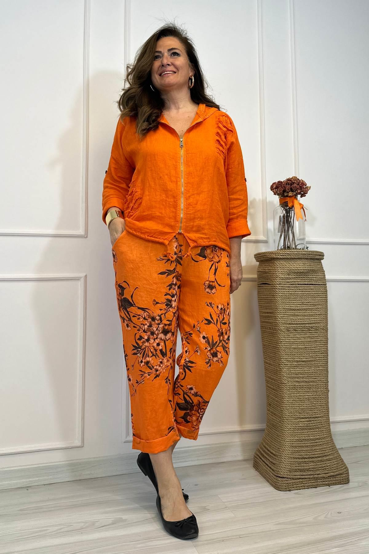 Fisto Detaylı Kapşonlu Fermuarlı Ceket Turuncu