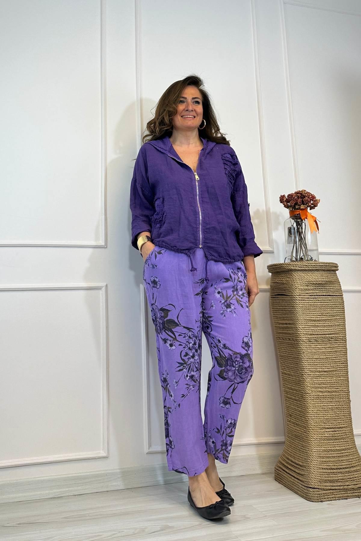 Fisto Detaylı Kapşonlu Fermuarlı Ceket Mor