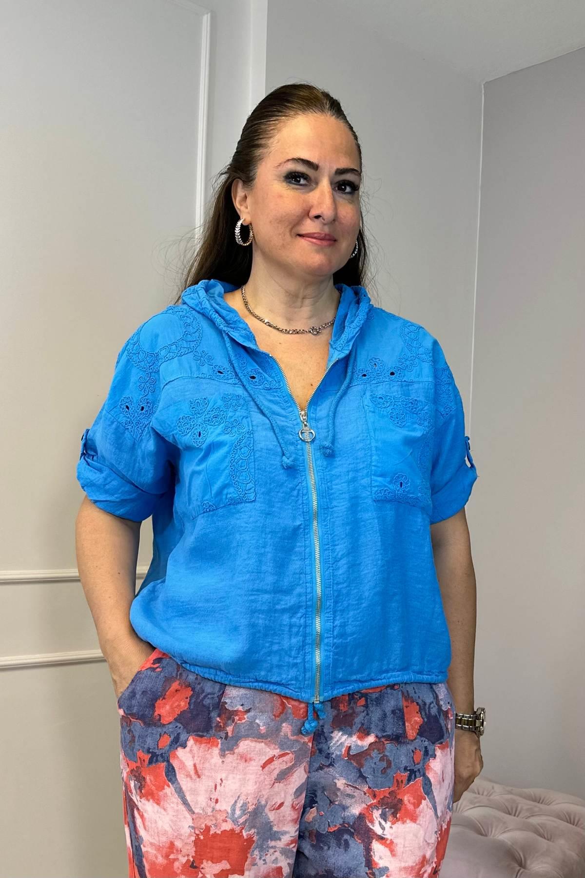 Fisto Detaylı Kapşonlu Fermuarlı Keten Ceket Mavi