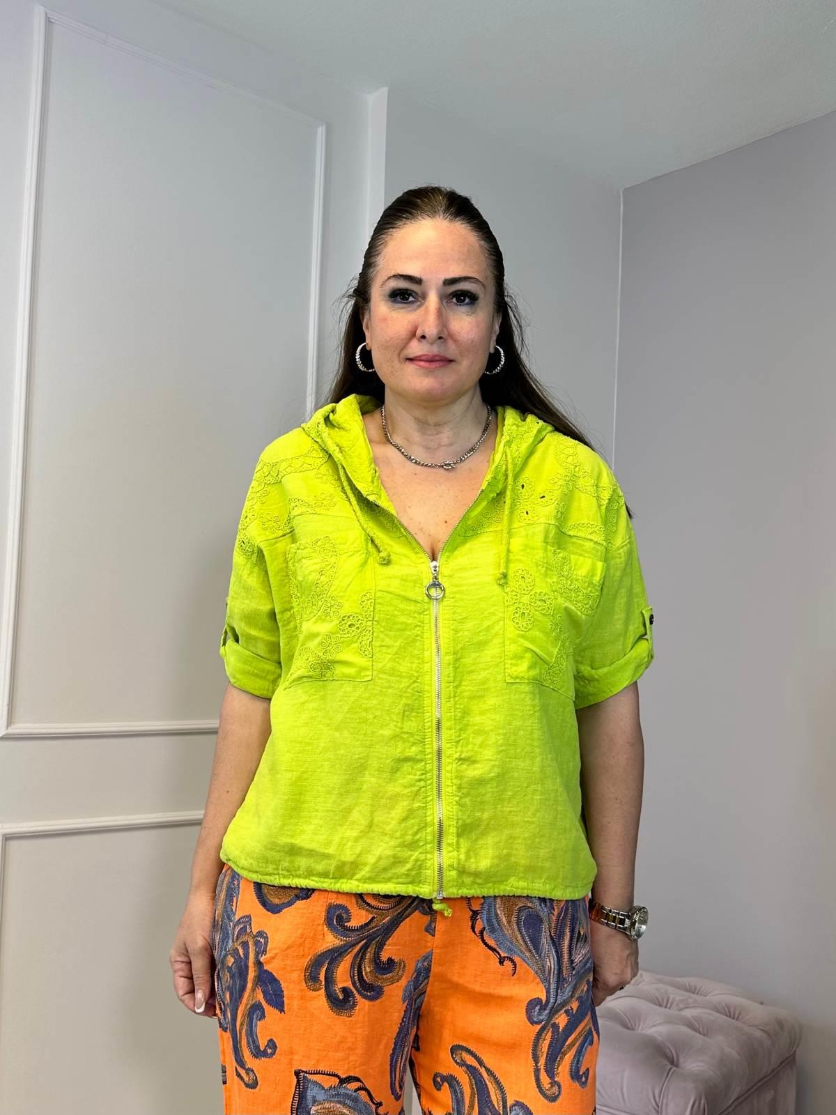 Fisto Detaylı Kapşonlu Fermuarlı Keten Ceket Yeşil