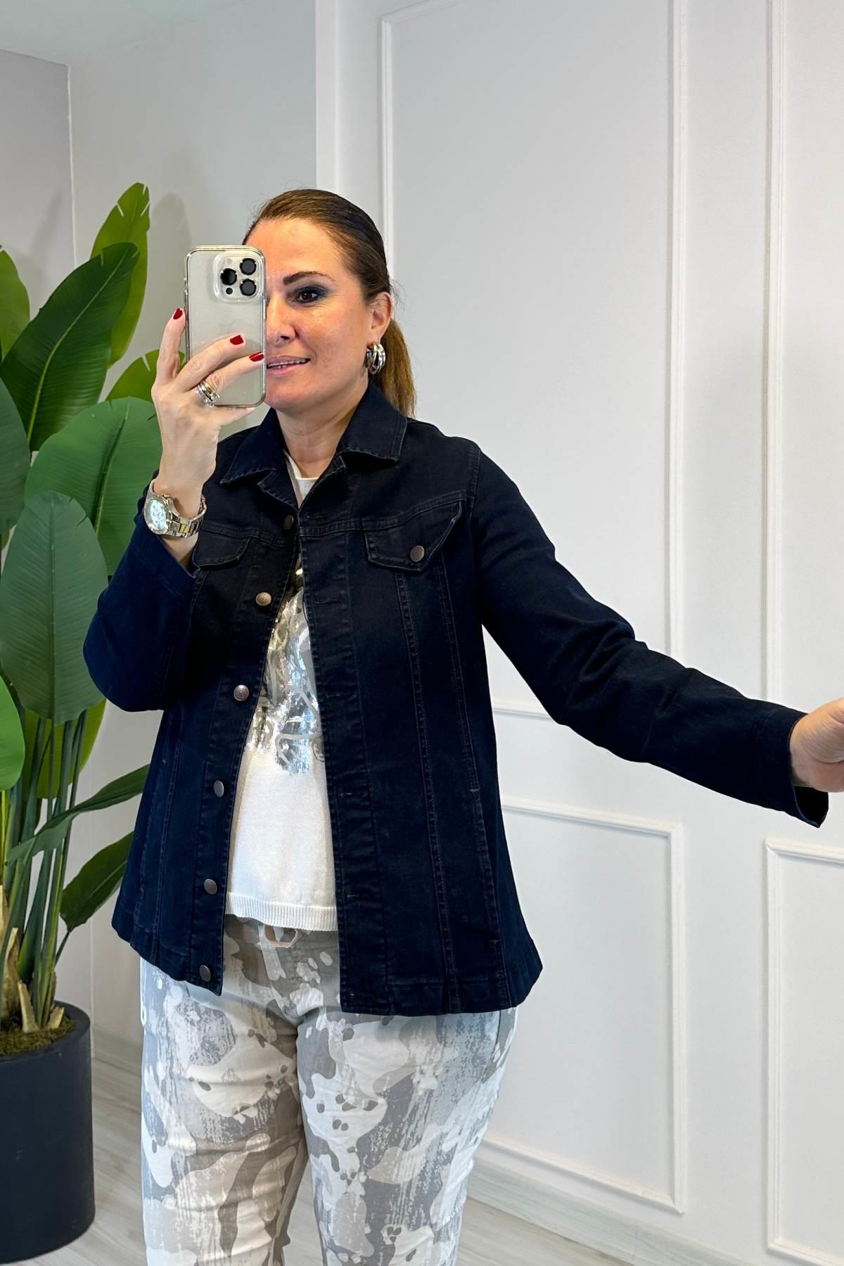 Full Likralı Kot Ceket Koyu Lacivert