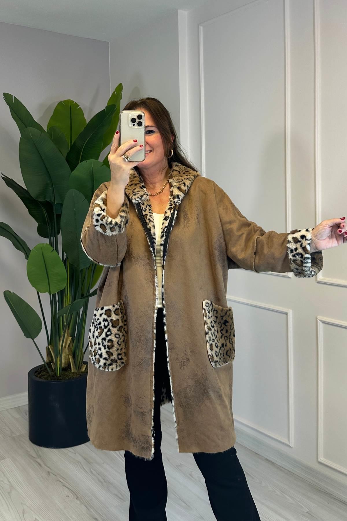 İçi Tüylü Ve Desenli Nubuk Kaban Kahverengi