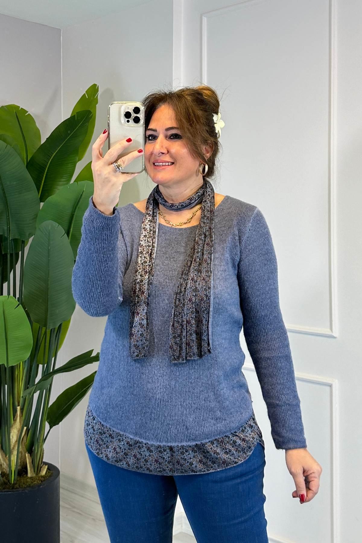 İkili Ve Şallı Triko Bluz Mavi 