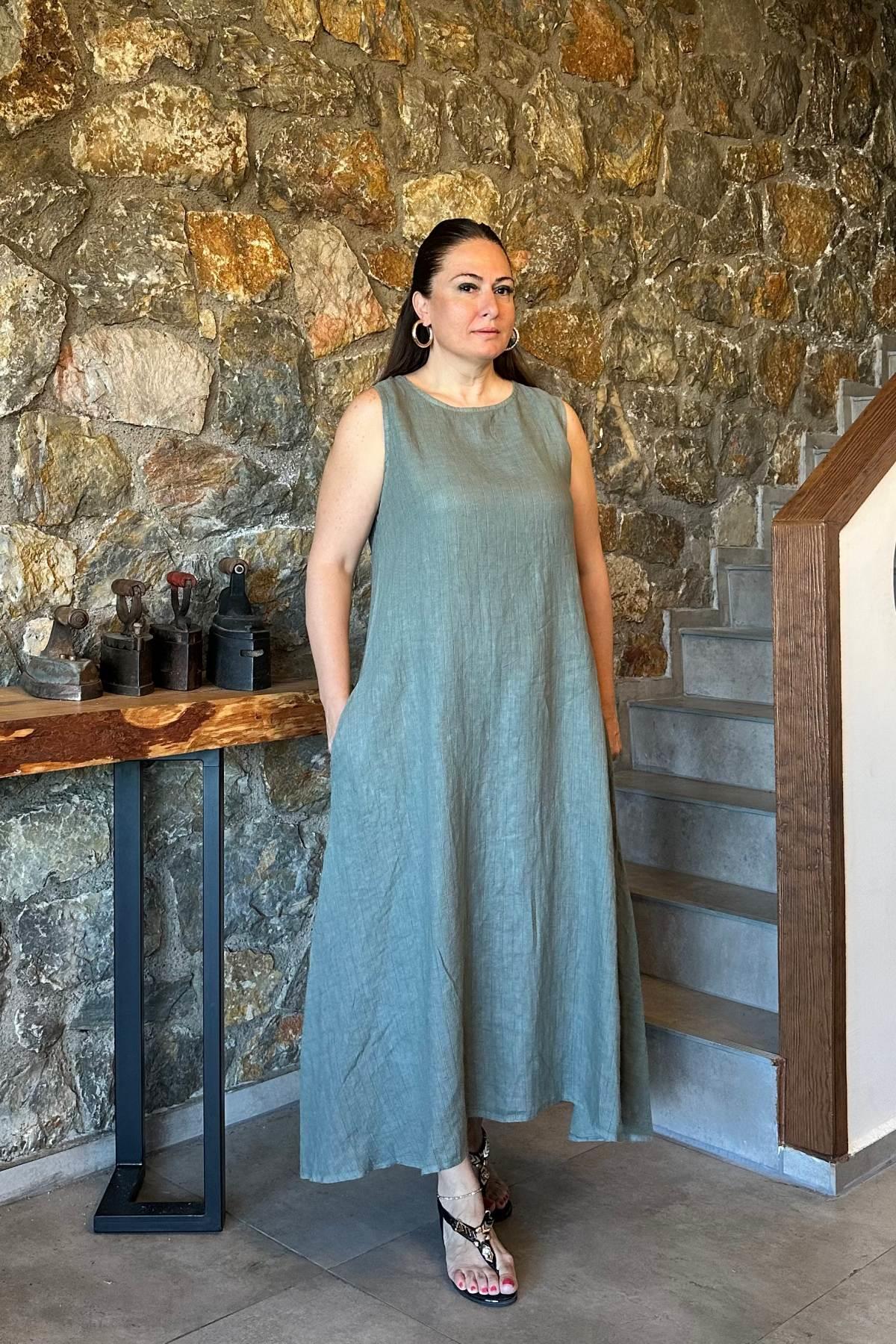 İnce Çizgili Sıfır Kol İthal Keten Elbise Haki Yeşil
