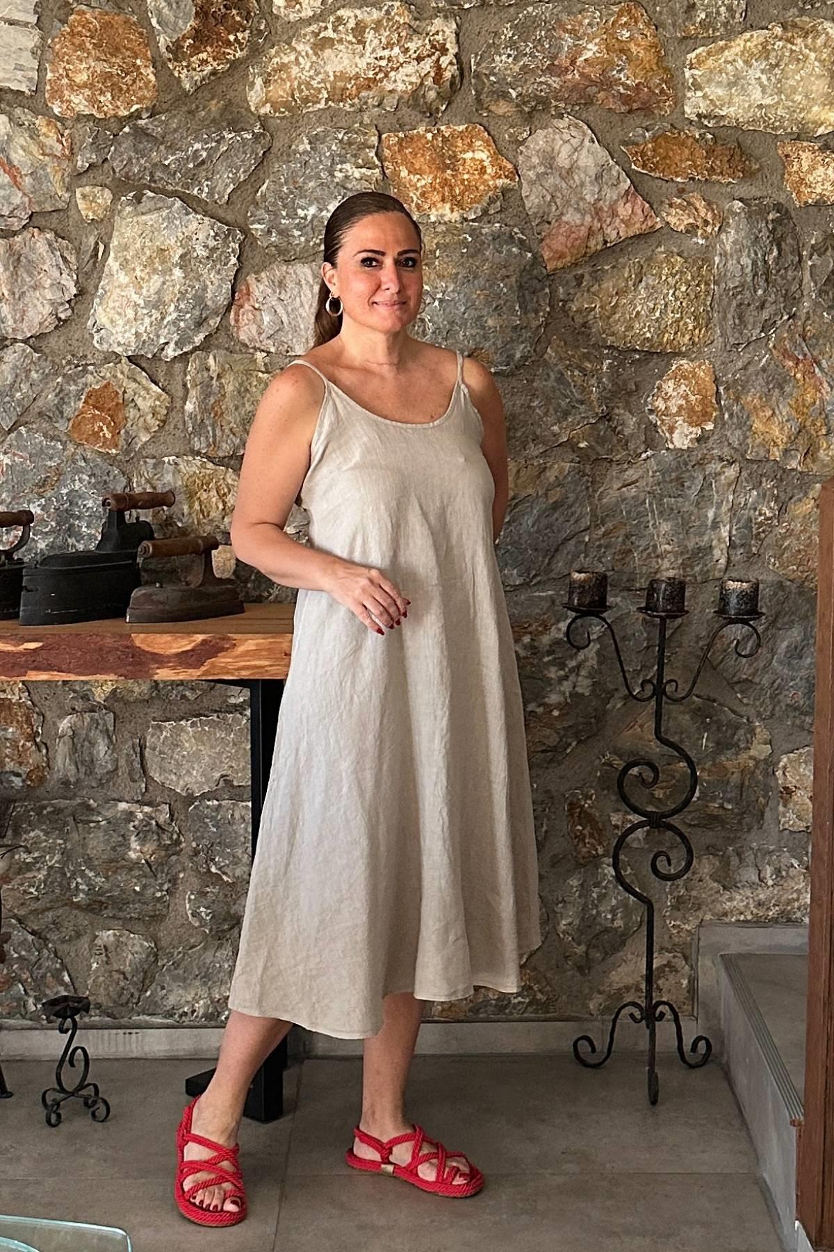 İp Askılı Keten Elbise Bej