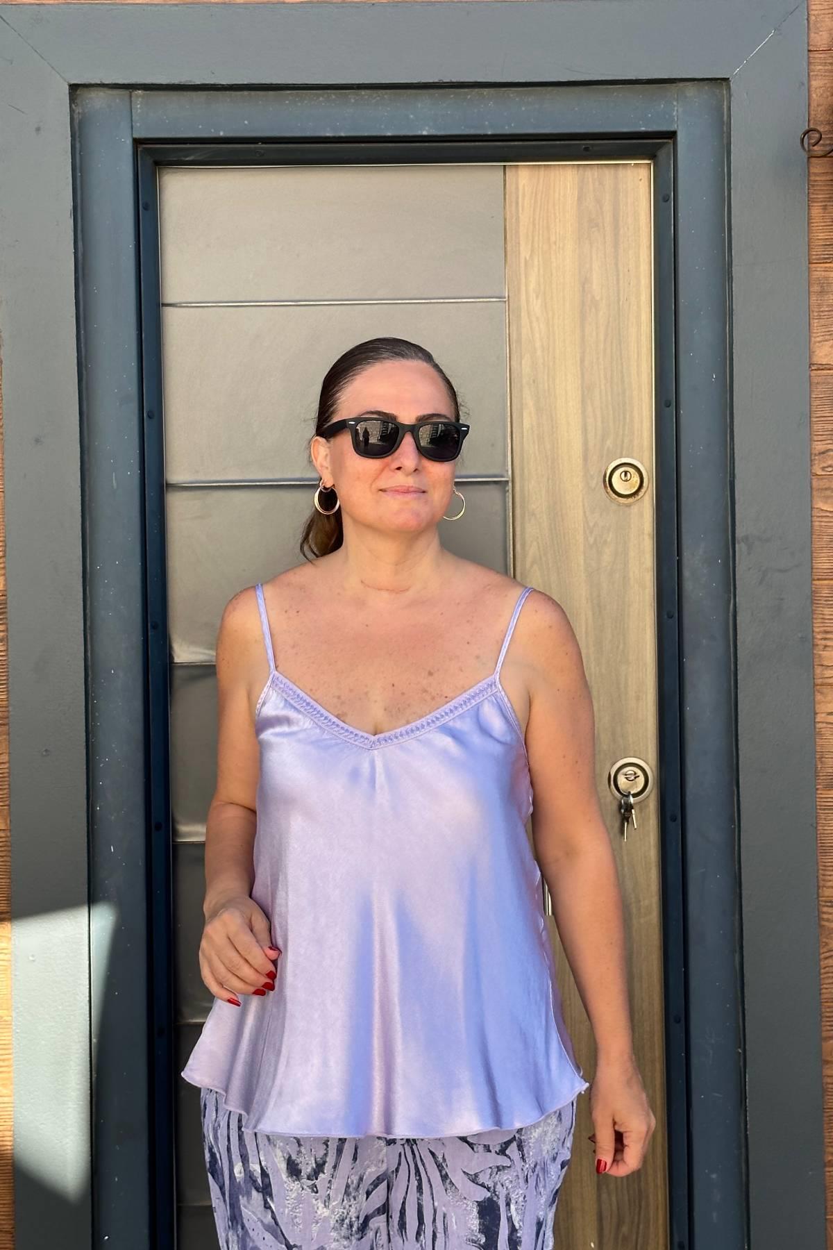 İp Askılı Saten Bluz Mor