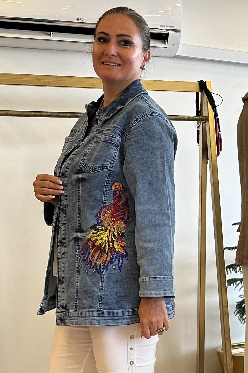 İşleme Detaylı Kot Ceket Mavi