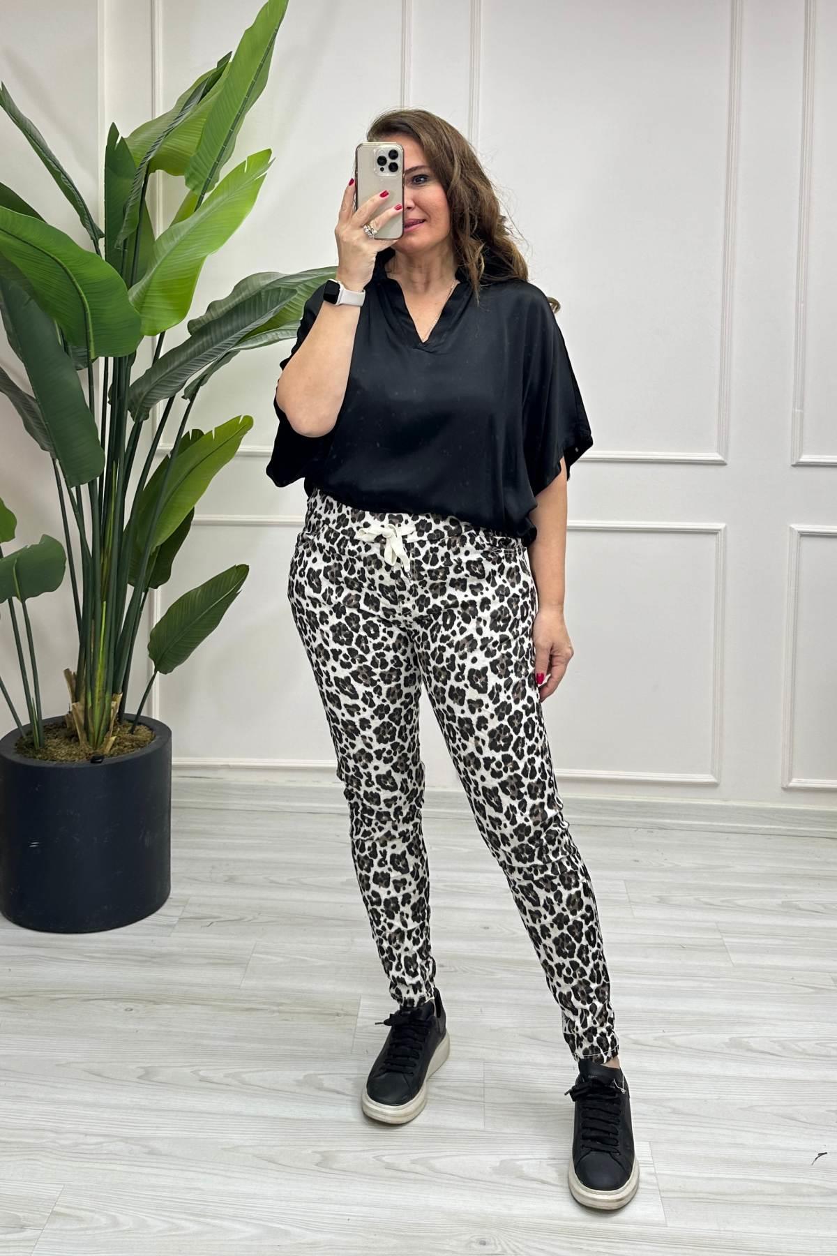 İtalyan Kumaş Kahve Desenli Pantalon Krem