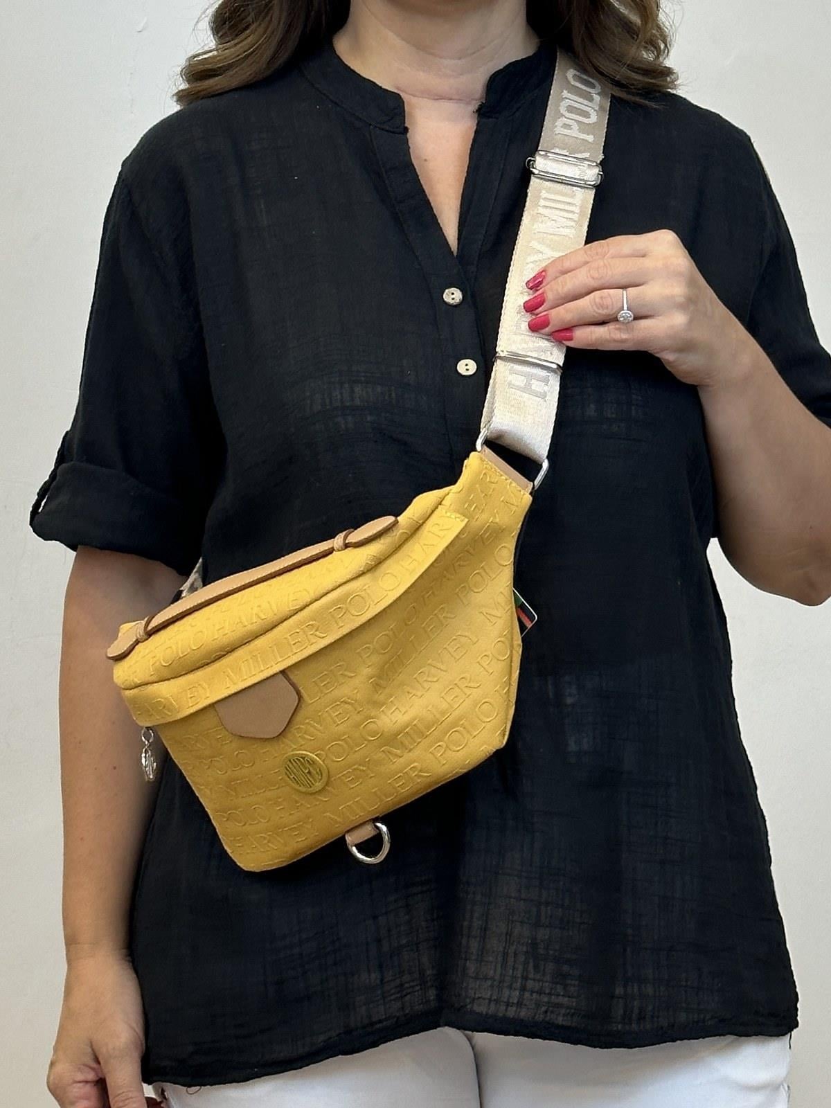 Kabartma Yazılı Bel Çantası Hardal