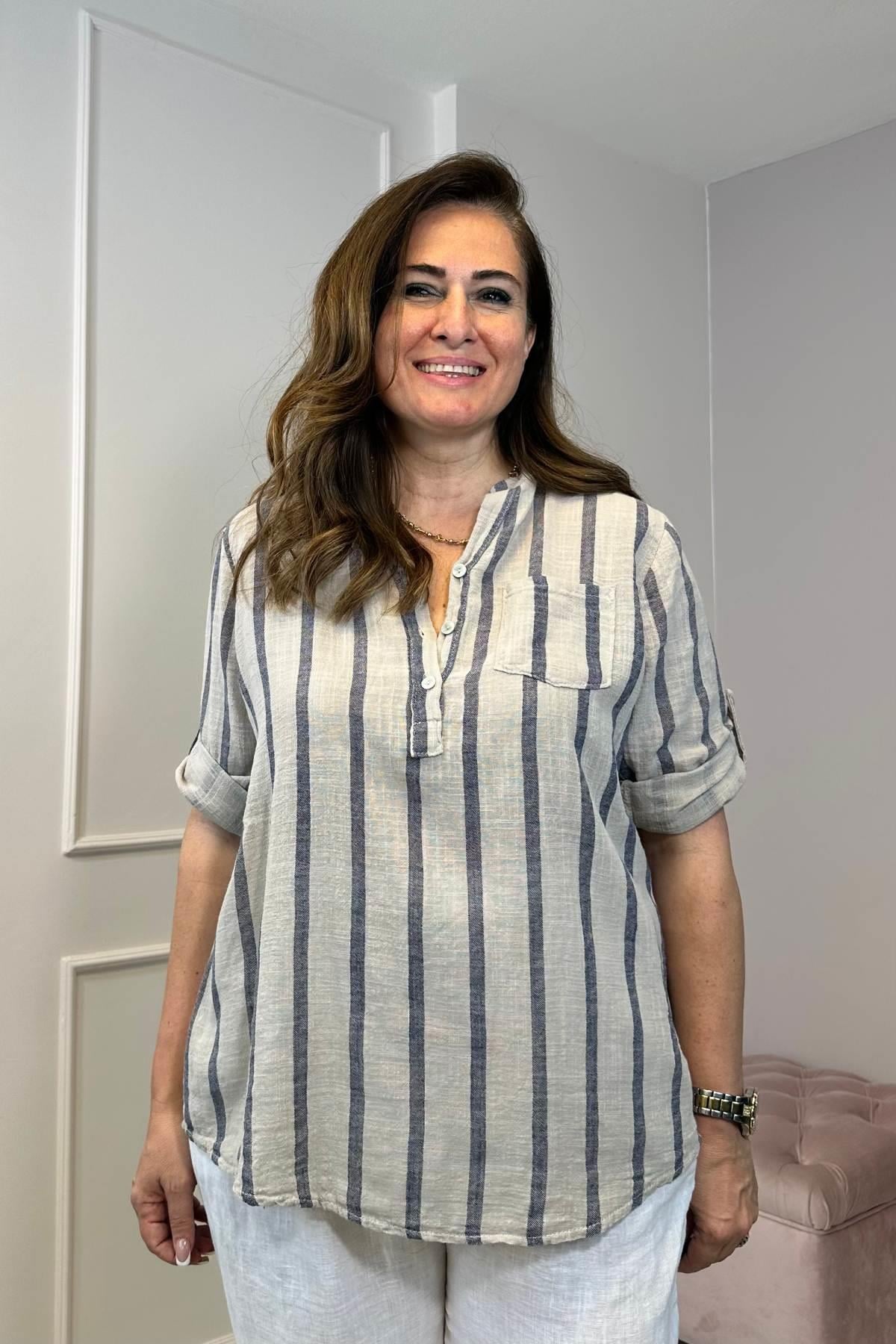 Kalın Çizgili Pamuklu Gömlek Bej