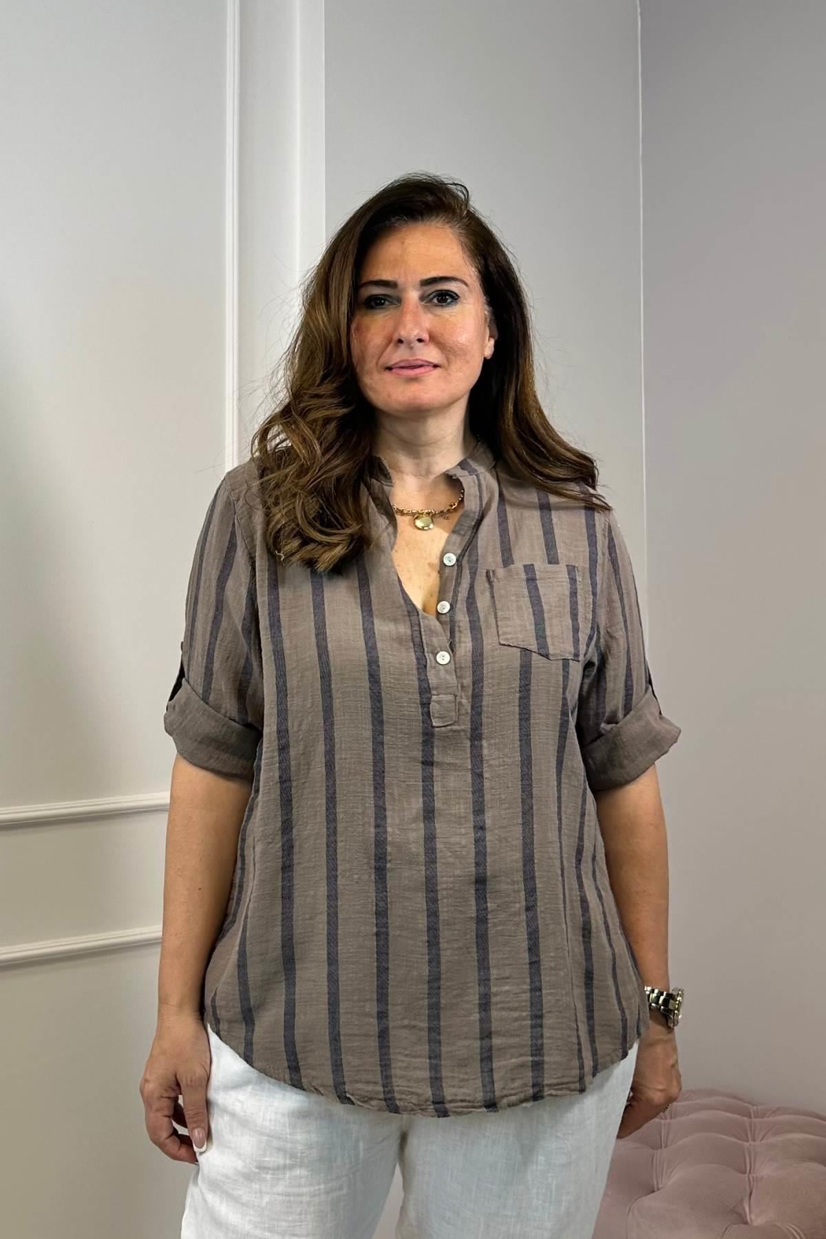 Kalın Çizgili Pamuklu Gömlek Kahverengi