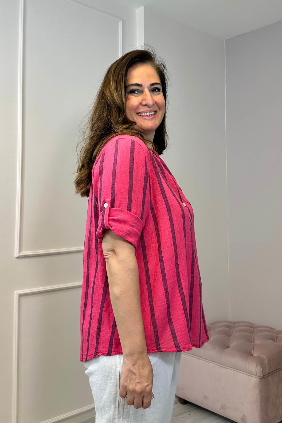 Kalın Çizgili Pamuklu Gömlek Pembe