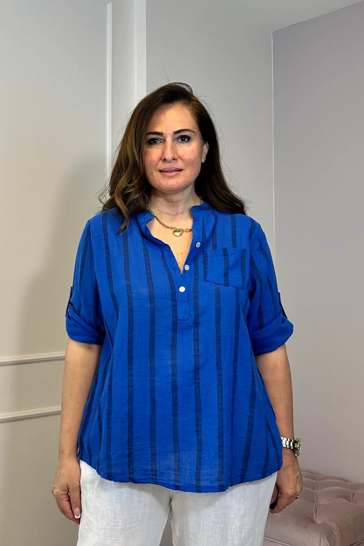 Kalın Çizgili Pamuklu Gömlek Saksmavi