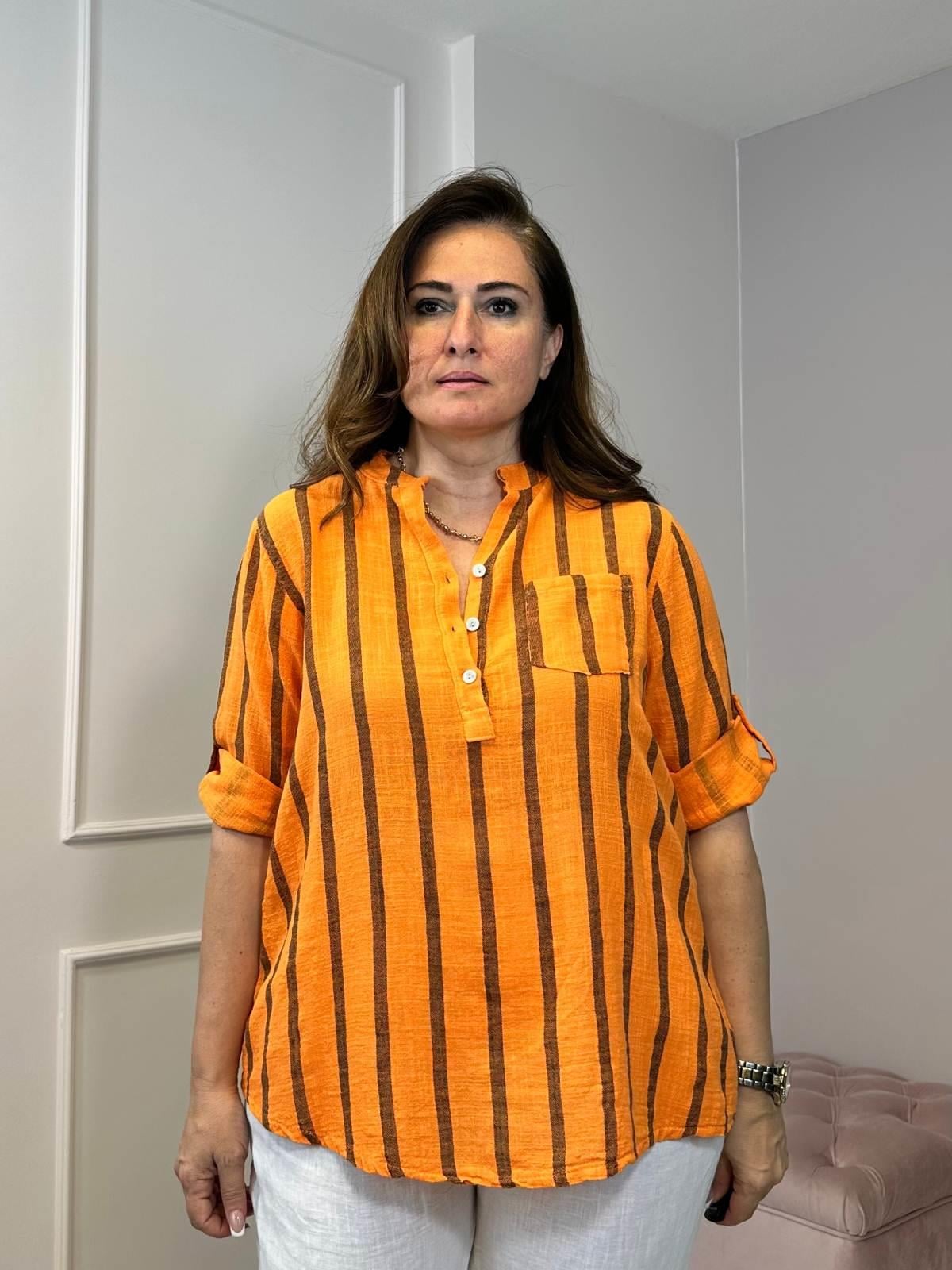 Kalın Çizgili Pamuklu Gömlek Turuncu
