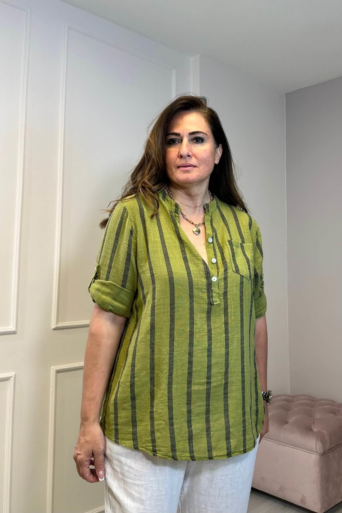 Kalın Çizgili Pamuklu Gömlek Yağyeşili