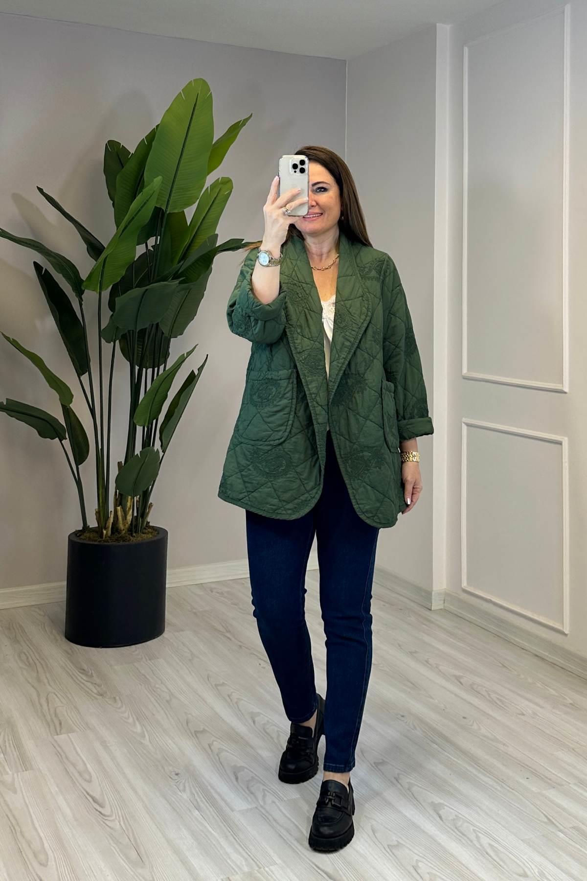 Kapitone Şal Desenli Ceket Uzun Yeşil